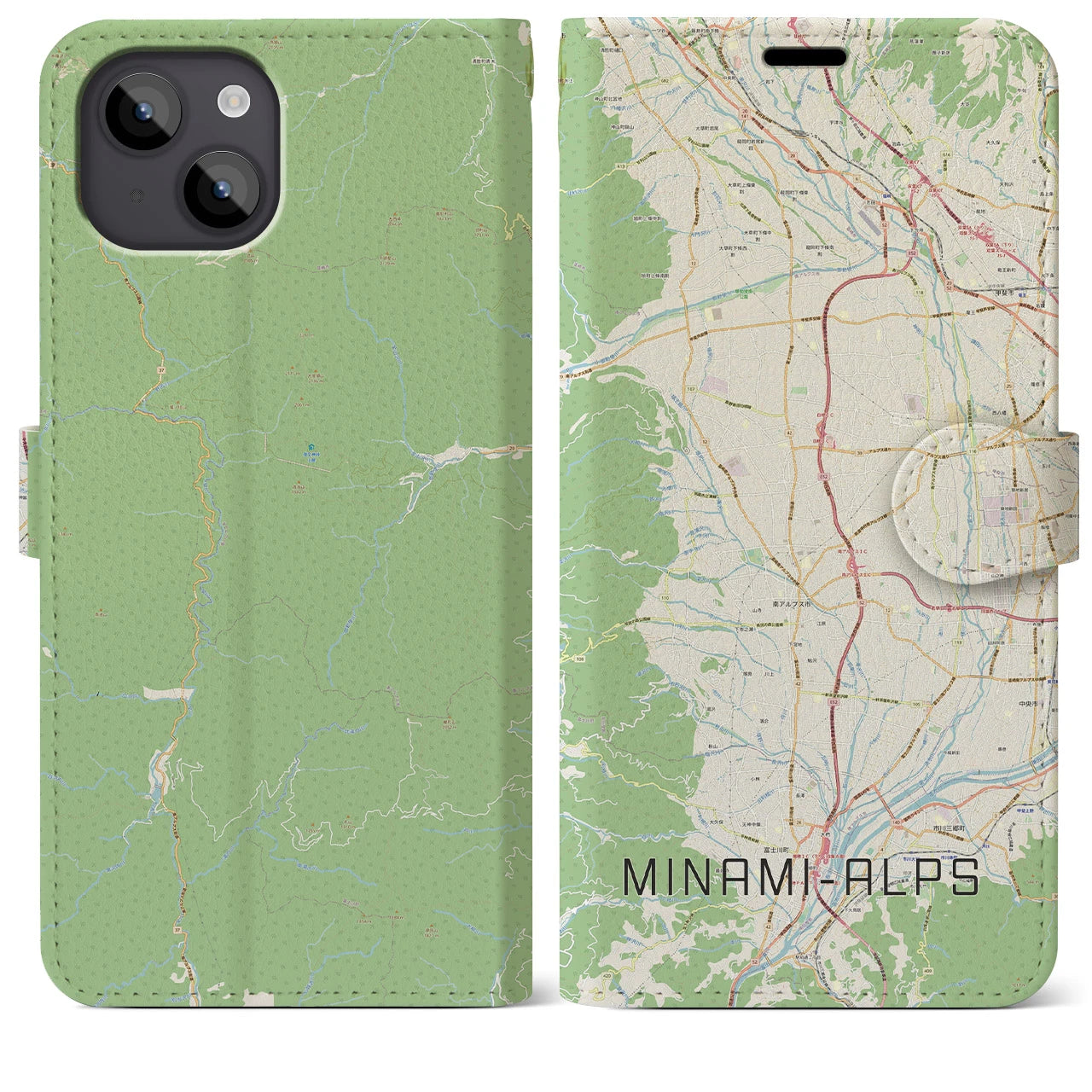 【南アルプス(山梨県)】地図柄iPhoneケース(手帳タイプ)ナチュラル・iPhone 14 Plus 用