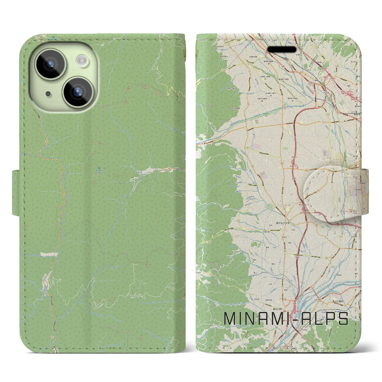 【南アルプス(山梨県)】地図柄iPhoneケース(手帳タイプ)ナチュラル・iPhone 15 用