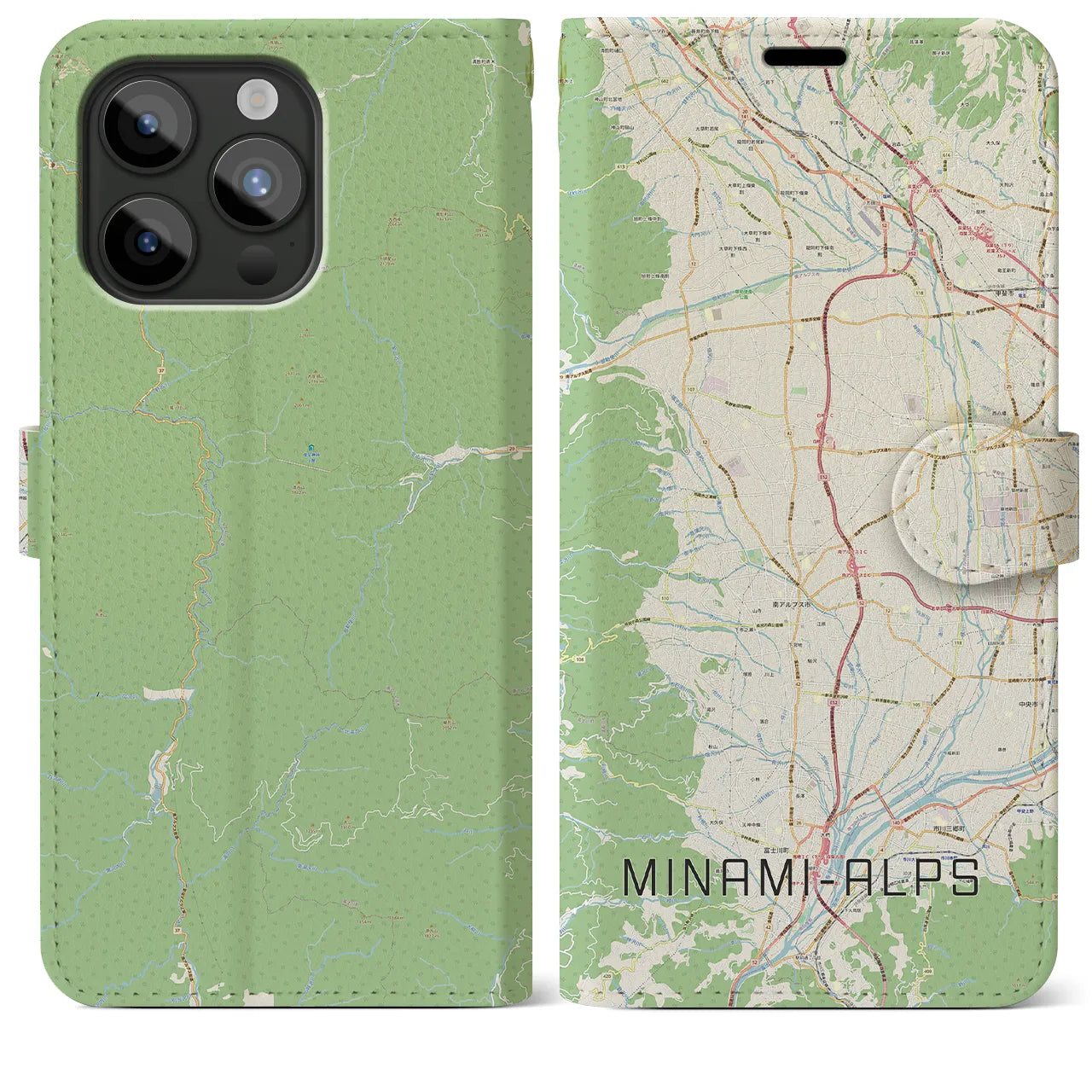 【南アルプス(山梨県)】地図柄iPhoneケース(手帳タイプ)ナチュラル・iPhone 15 Pro Max 用