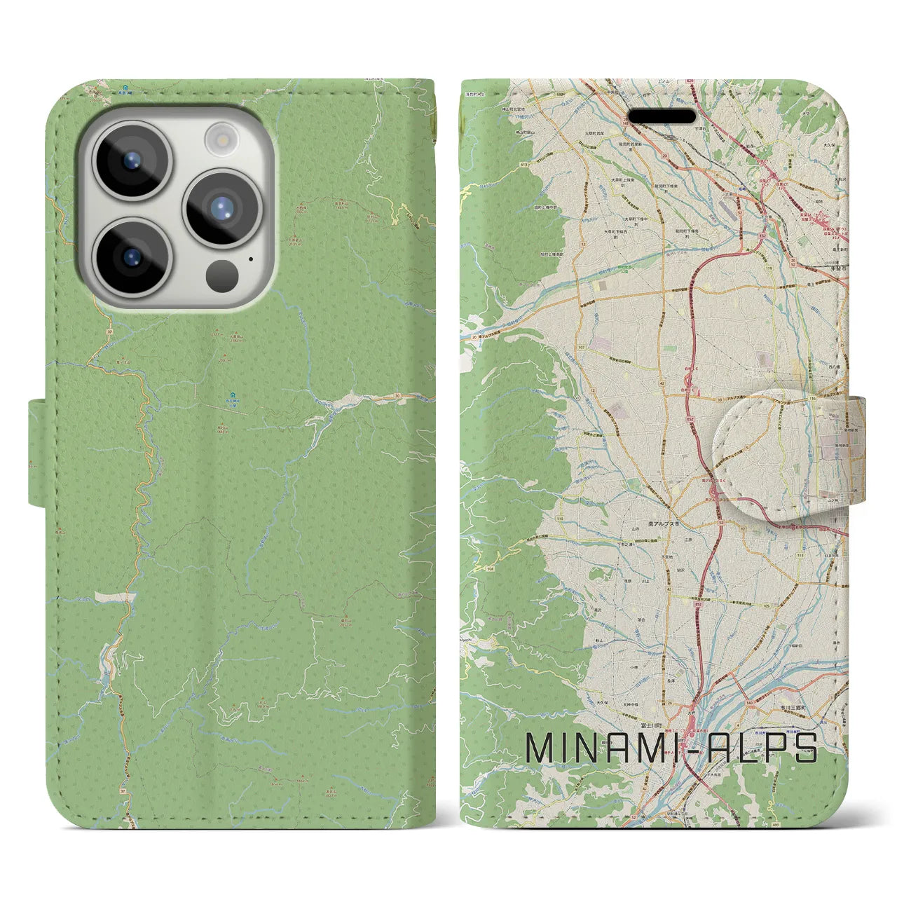 【南アルプス(山梨県)】地図柄iPhoneケース(手帳タイプ)ナチュラル・iPhone 15 Pro 用