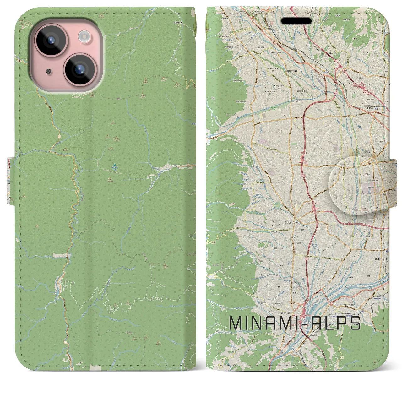 【南アルプス(山梨県)】地図柄iPhoneケース(手帳タイプ)ナチュラル・iPhone 15 Plus 用