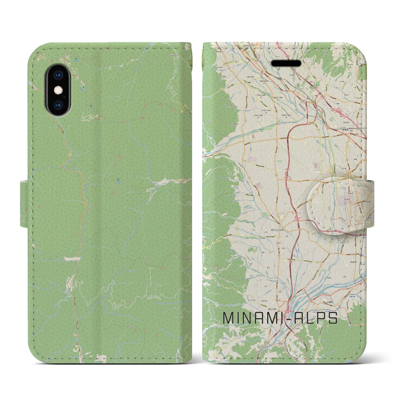 【南アルプス(山梨県)】地図柄iPhoneケース(手帳タイプ)ナチュラル・iPhone XS / X 用