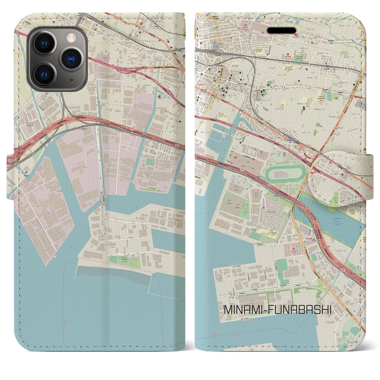 【南船橋(千葉県)】地図柄iPhoneケース(手帳タイプ)ナチュラル・iPhone 11 Pro Max 用