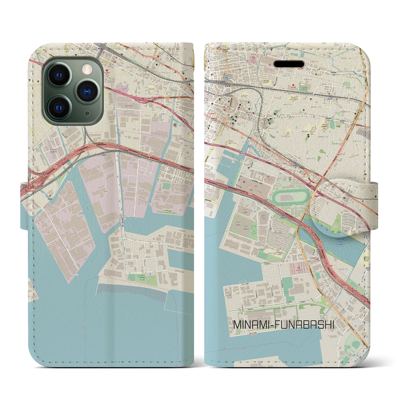 【南船橋(千葉県)】地図柄iPhoneケース(手帳タイプ)ナチュラル・iPhone 11 Pro 用