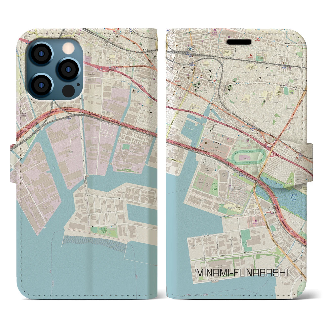 【南船橋(千葉県)】地図柄iPhoneケース(手帳タイプ)ナチュラル・iPhone 12 / 12 Pro 用