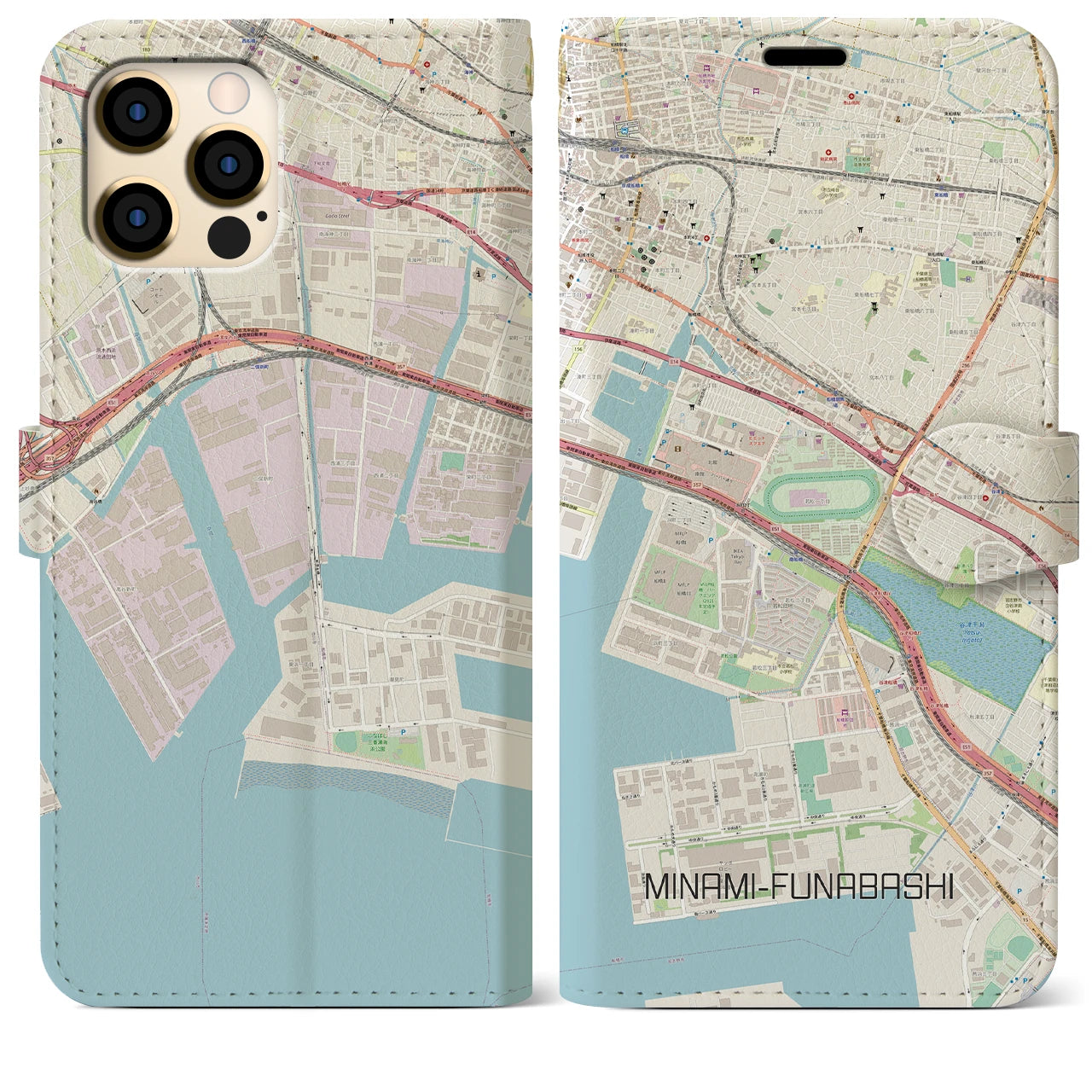 【南船橋(千葉県)】地図柄iPhoneケース(手帳タイプ)ナチュラル・iPhone 12 Pro Max 用