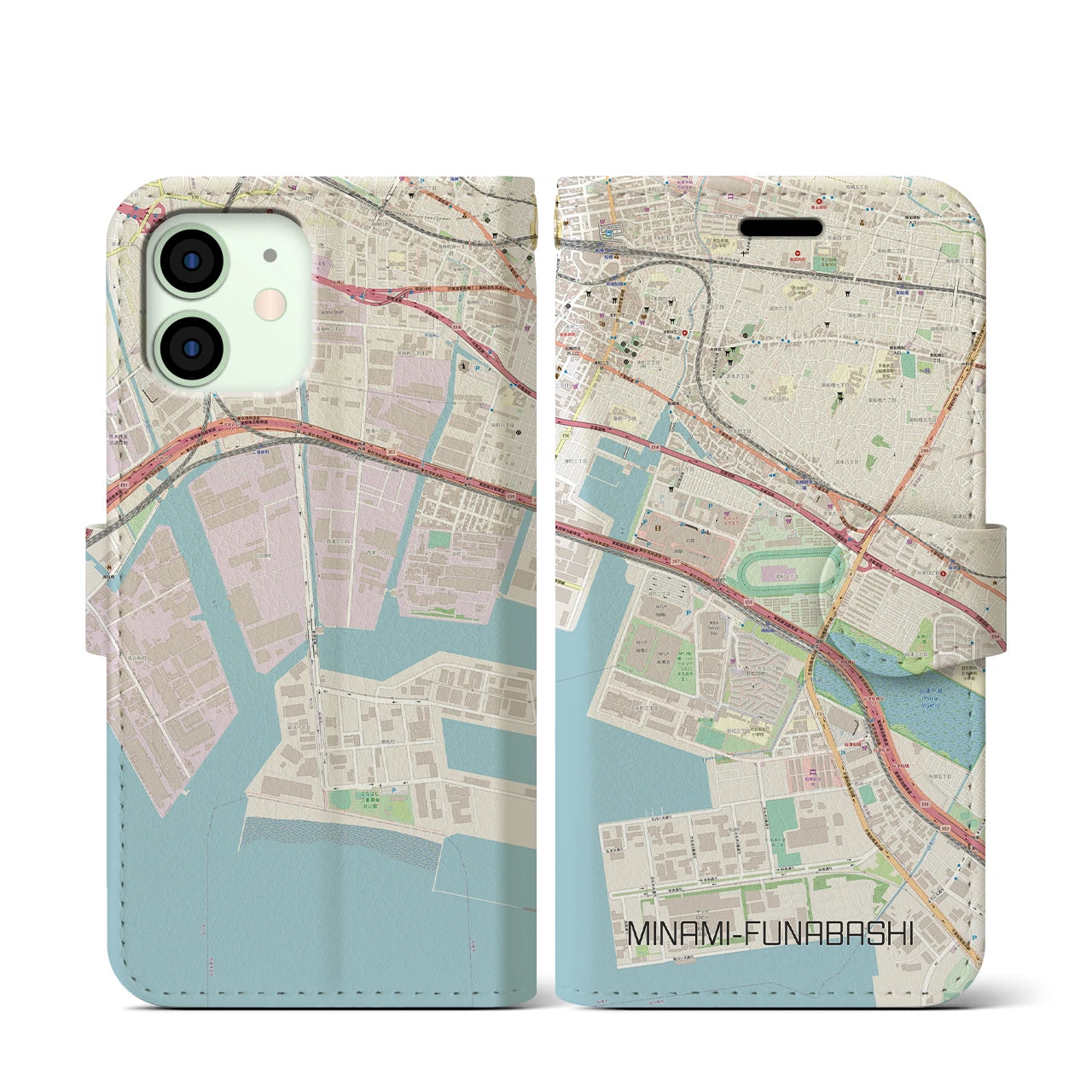 【南船橋(千葉県)】地図柄iPhoneケース(手帳タイプ)ナチュラル・iPhone 12 mini 用
