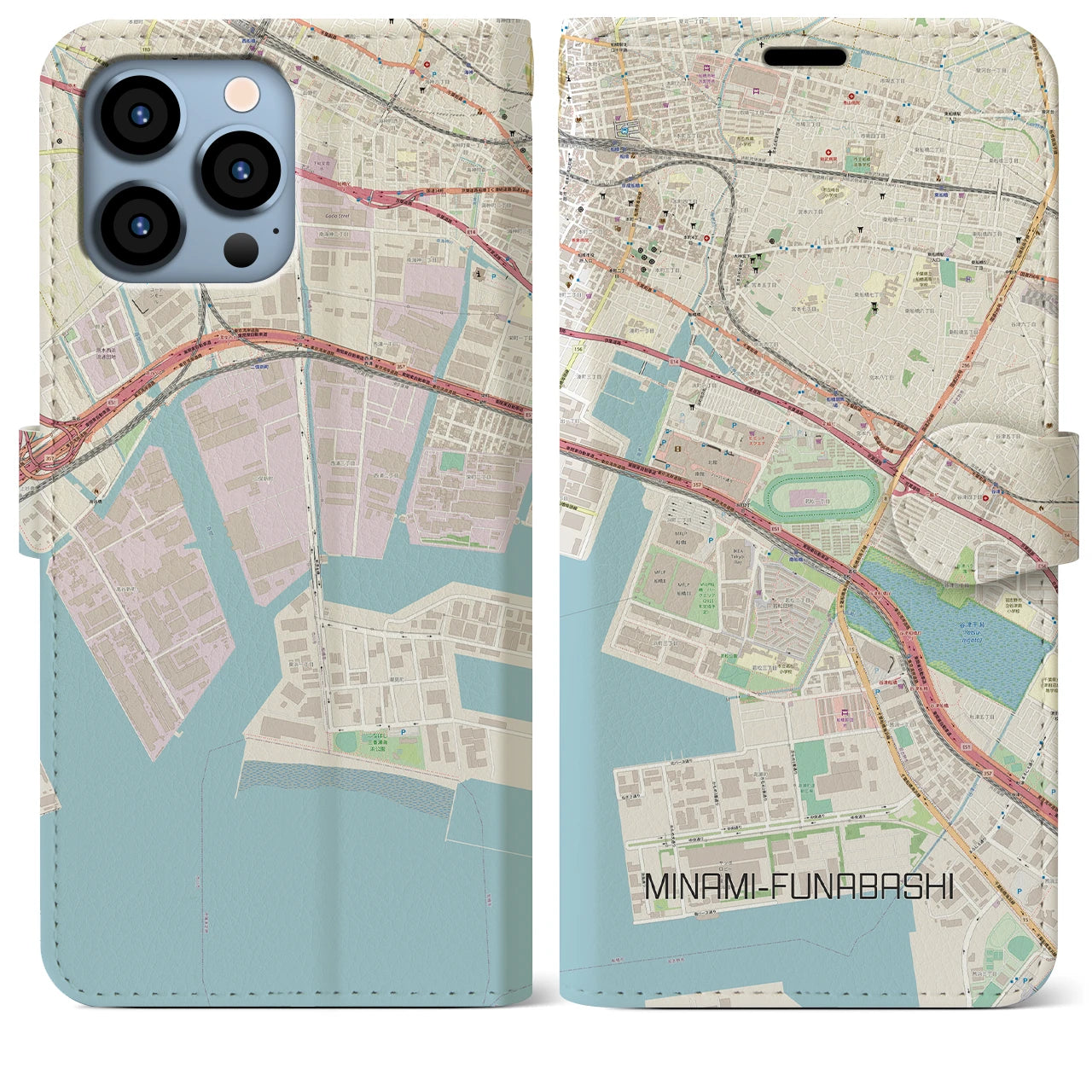 【南船橋(千葉県)】地図柄iPhoneケース(手帳タイプ)ナチュラル・iPhone 13 Pro Max 用