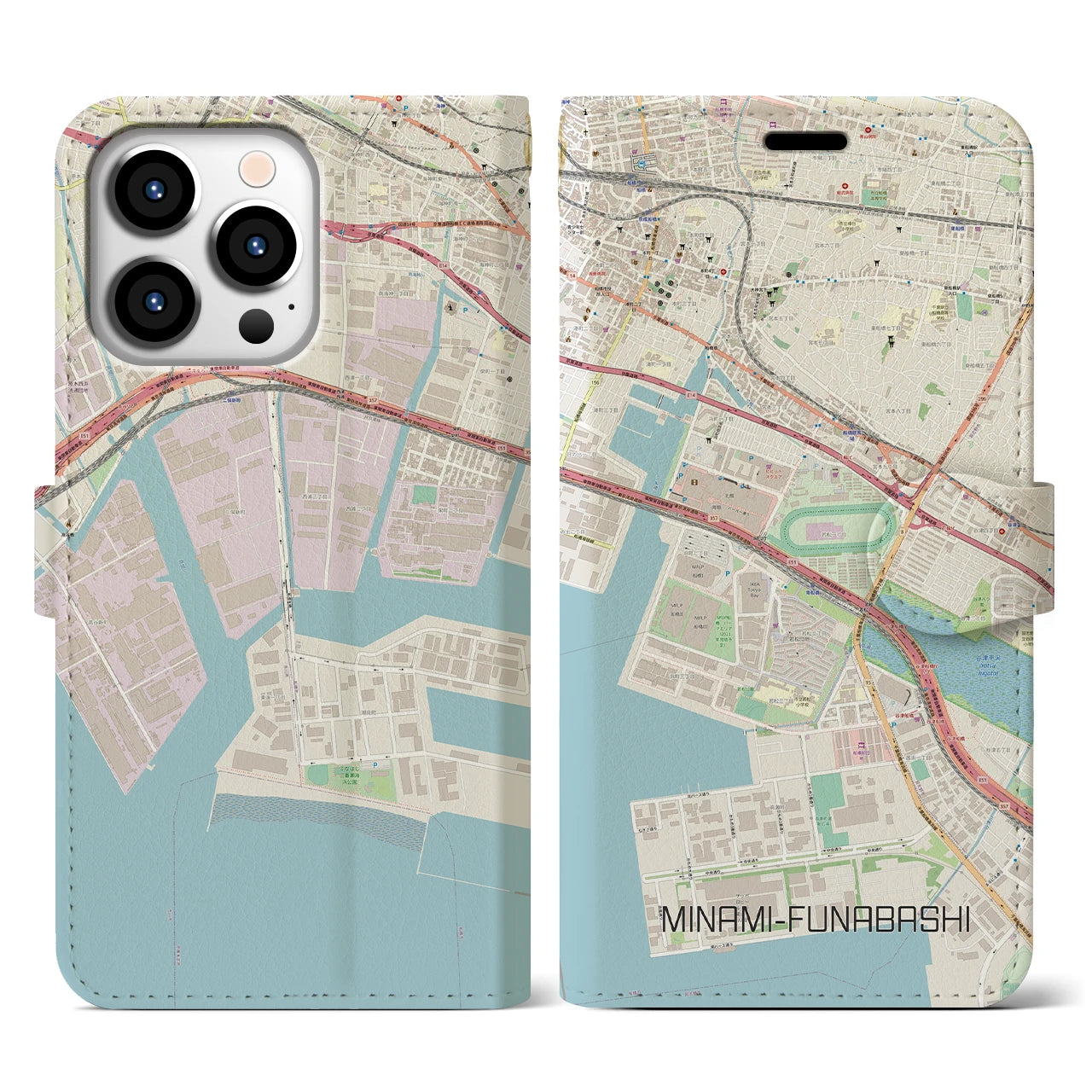 【南船橋(千葉県)】地図柄iPhoneケース(手帳タイプ)ナチュラル・iPhone 13 Pro 用