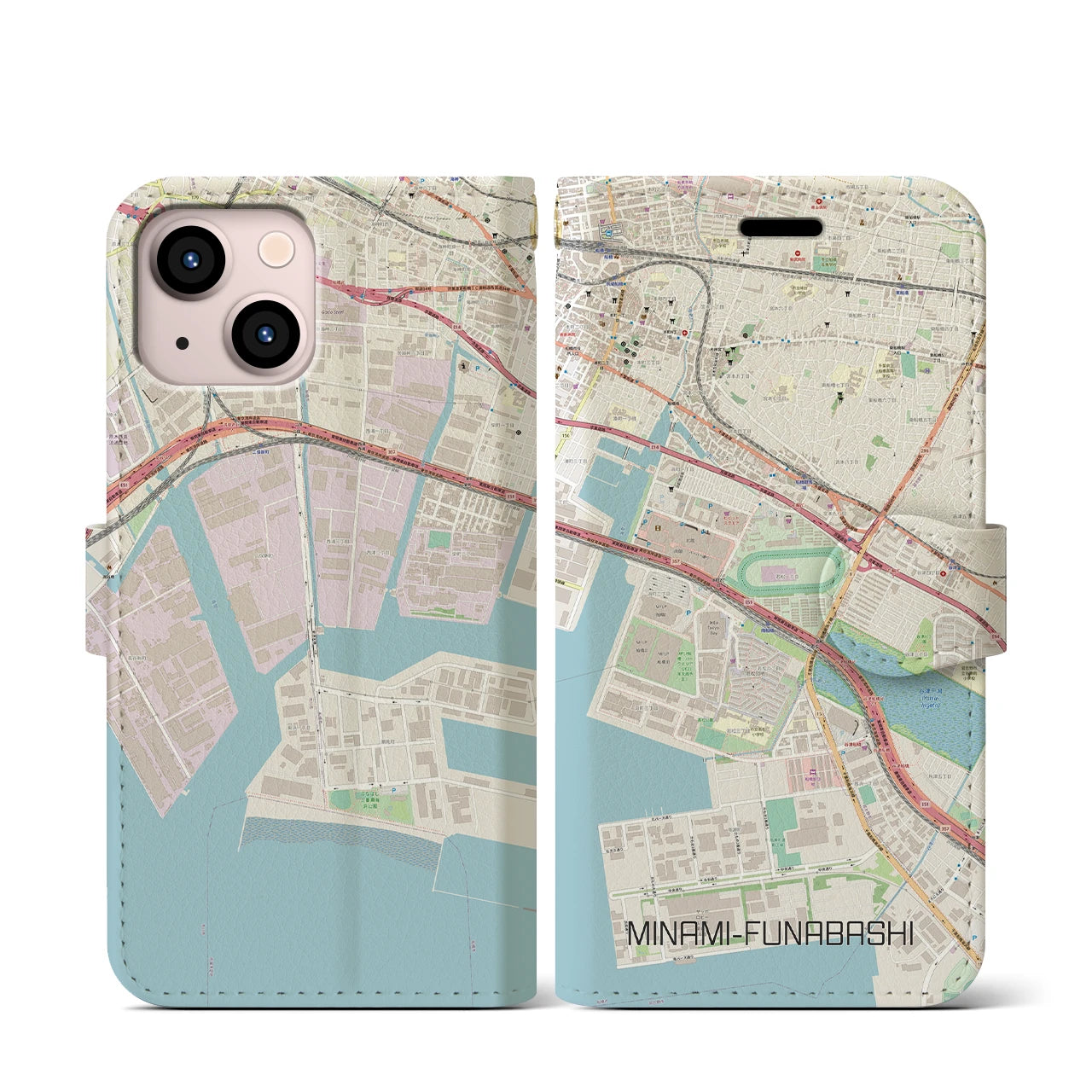 【南船橋(千葉県)】地図柄iPhoneケース(手帳タイプ)ナチュラル・iPhone 13 mini 用