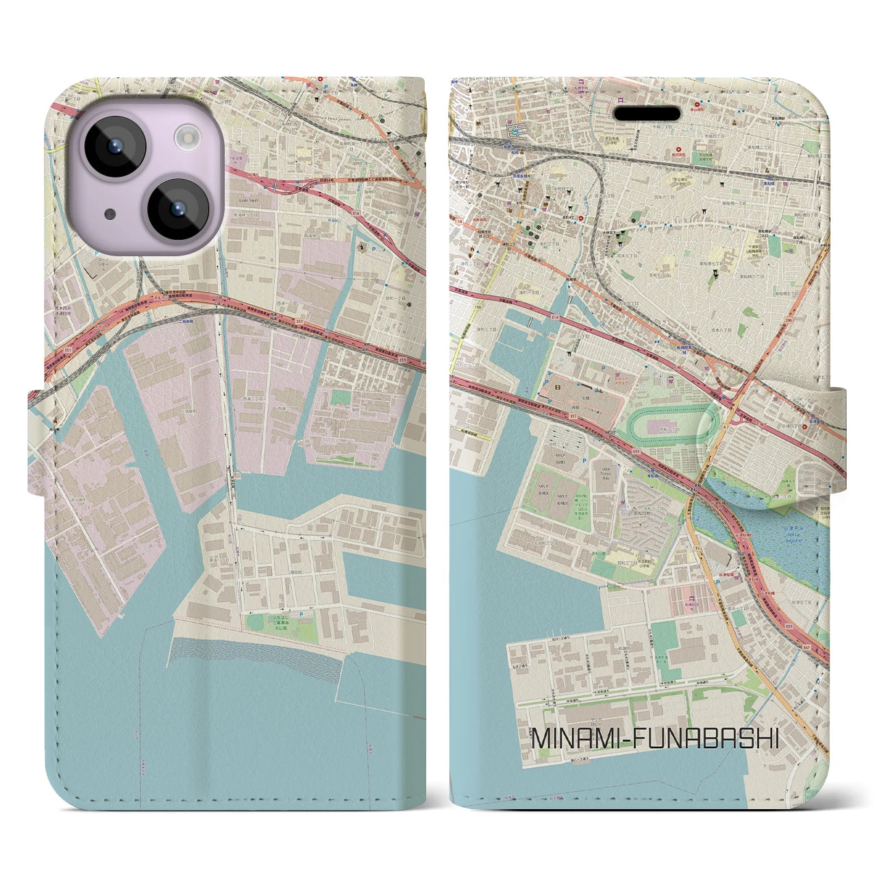 【南船橋(千葉県)】地図柄iPhoneケース(手帳タイプ)ナチュラル・iPhone 14 用