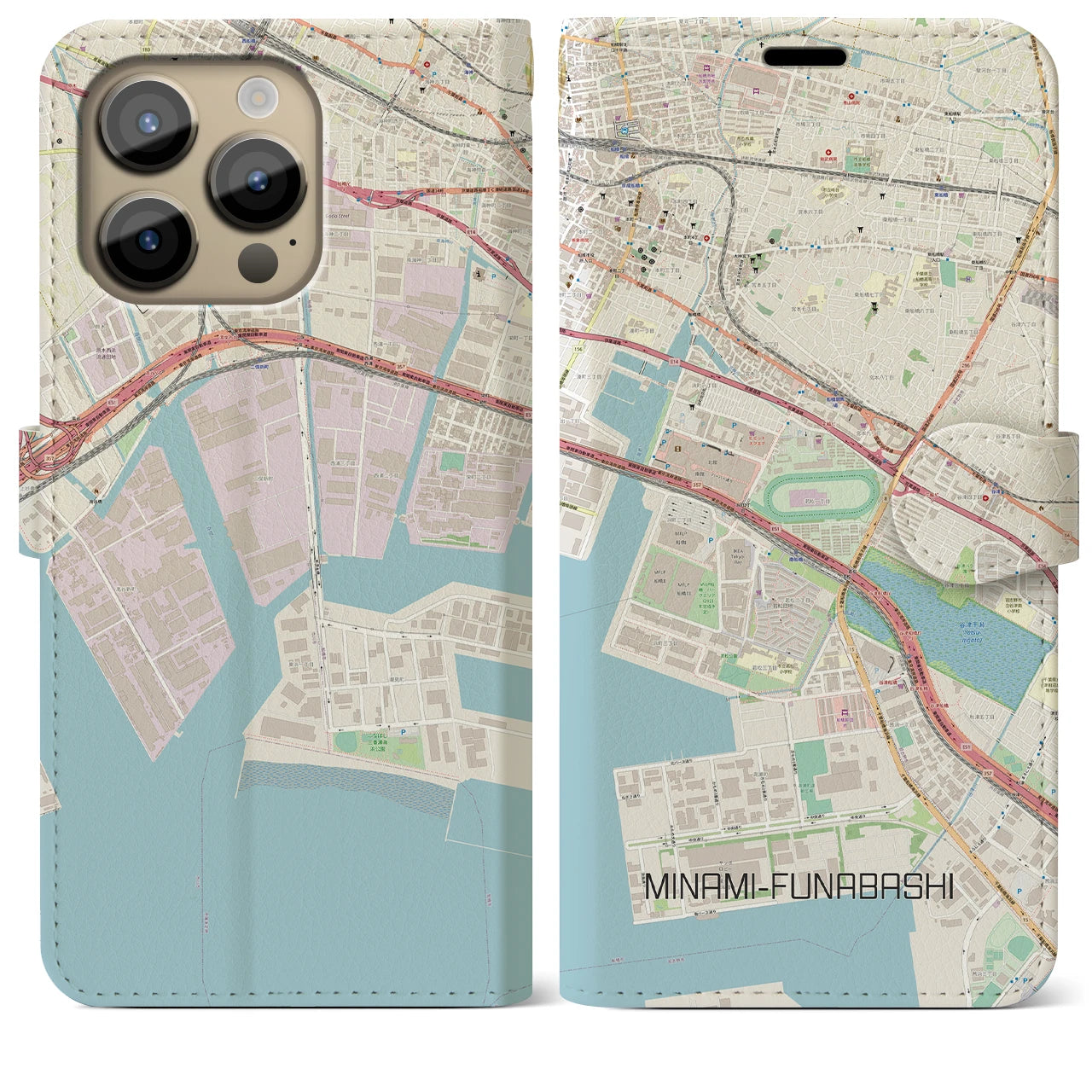 【南船橋(千葉県)】地図柄iPhoneケース(手帳タイプ)ナチュラル・iPhone 14 Pro Max 用