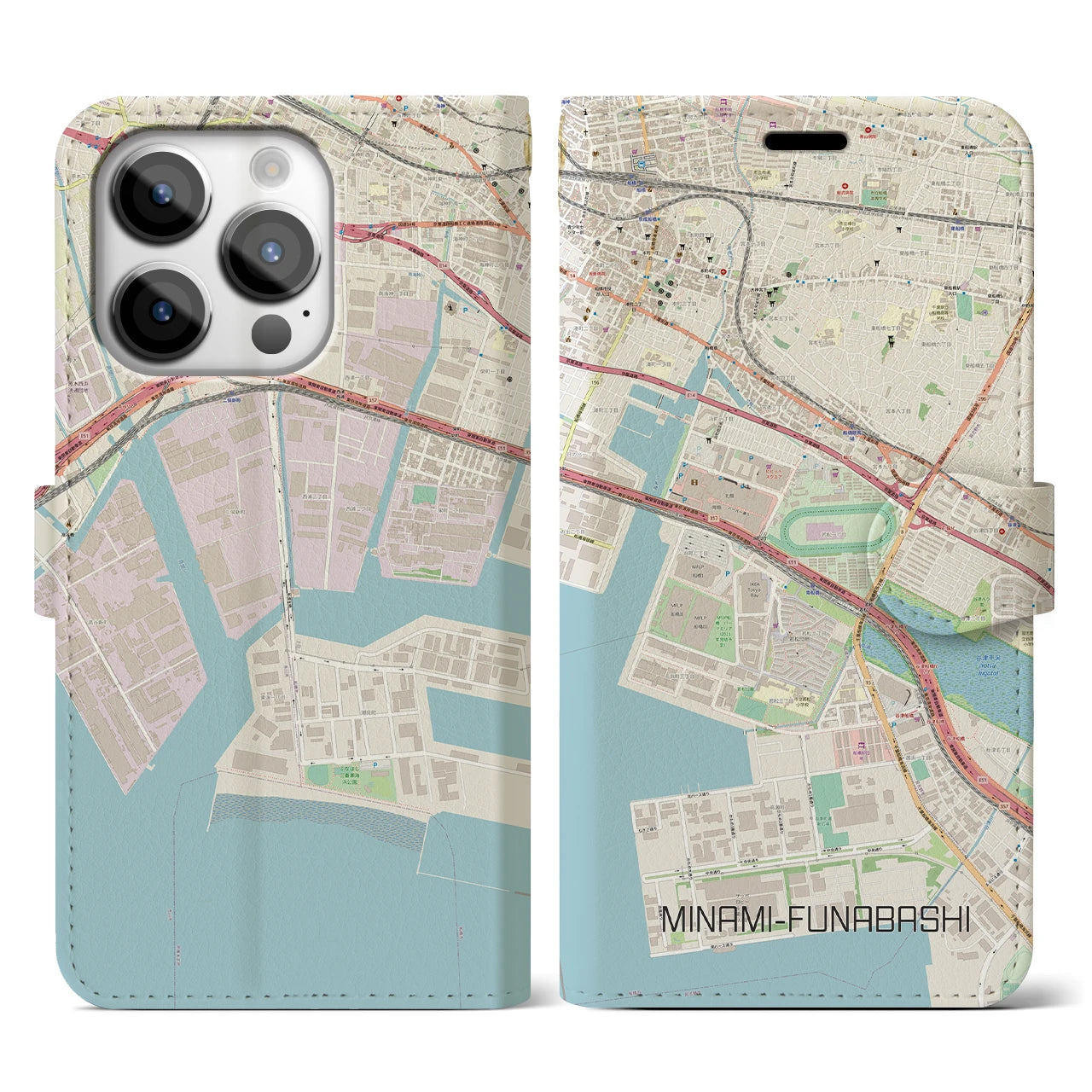 【南船橋(千葉県)】地図柄iPhoneケース(手帳タイプ)ナチュラル・iPhone 14 Pro 用