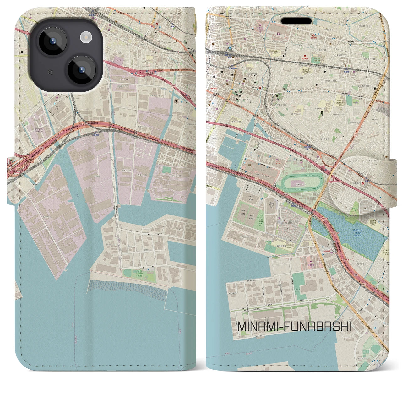 【南船橋(千葉県)】地図柄iPhoneケース(手帳タイプ)ナチュラル・iPhone 14 Plus 用