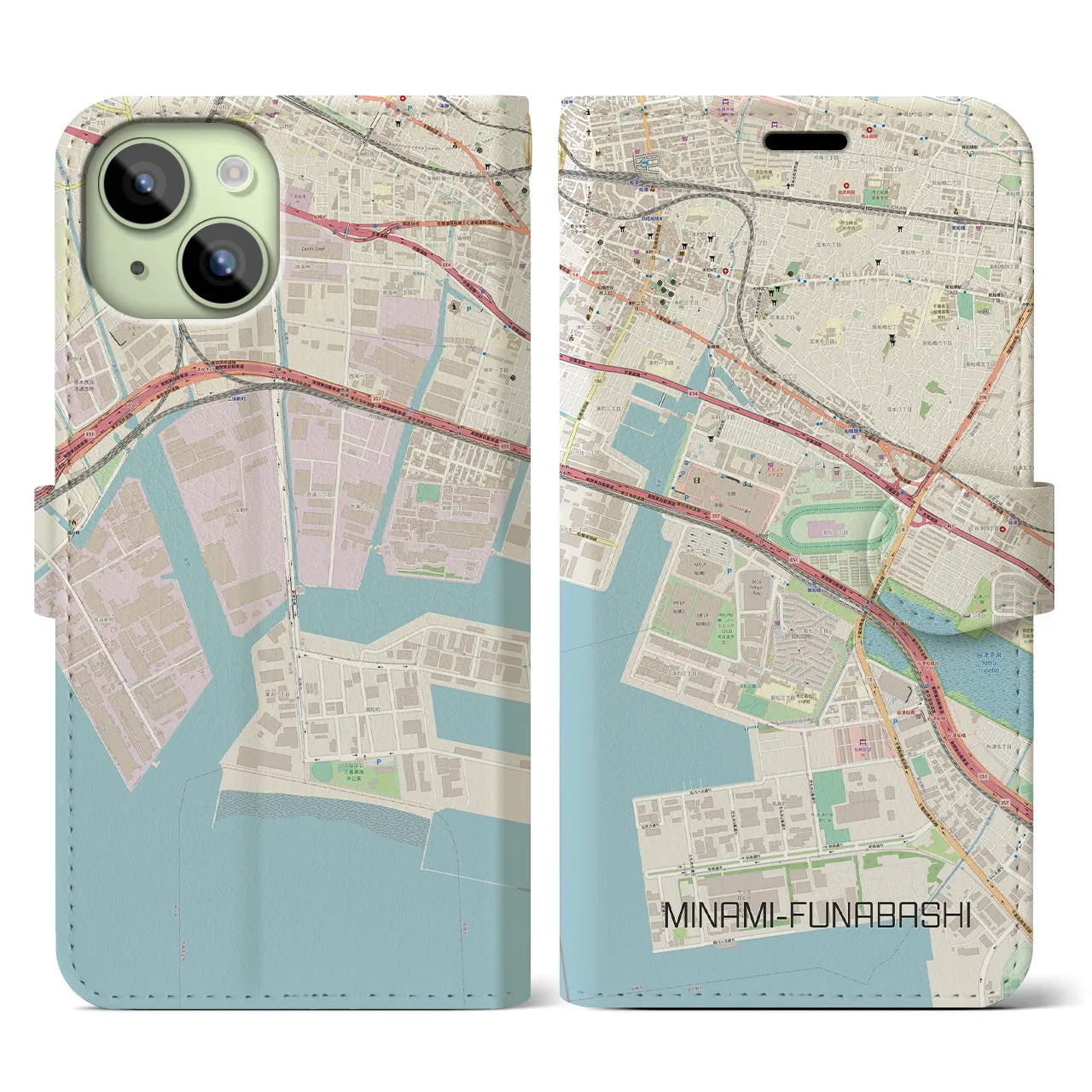 【南船橋(千葉県)】地図柄iPhoneケース(手帳タイプ)ナチュラル・iPhone 15 用