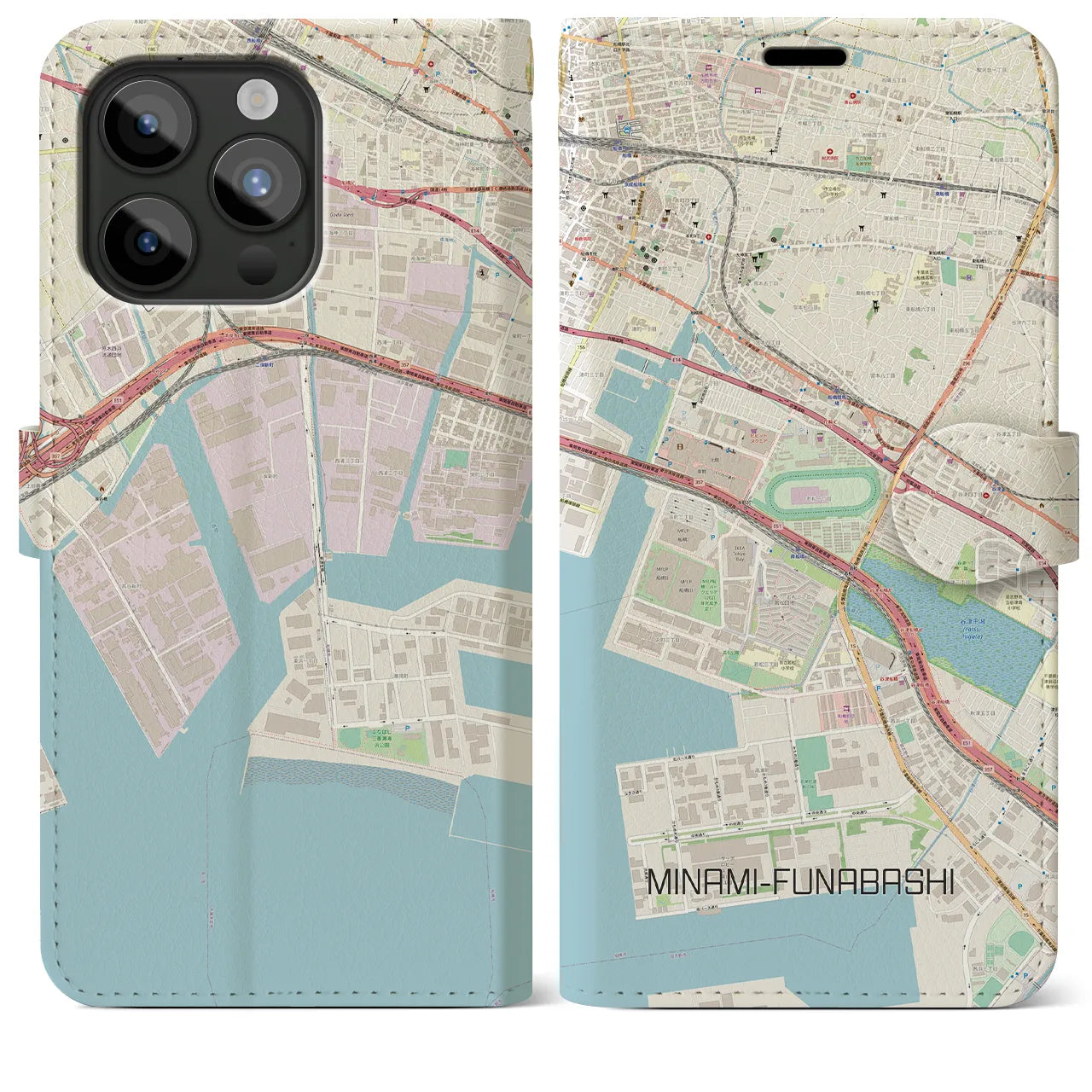 【南船橋(千葉県)】地図柄iPhoneケース(手帳タイプ)ナチュラル・iPhone 15 Pro Max 用