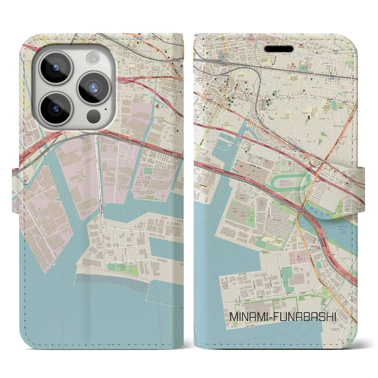 【南船橋(千葉県)】地図柄iPhoneケース(手帳タイプ)ナチュラル・iPhone 15 Pro 用