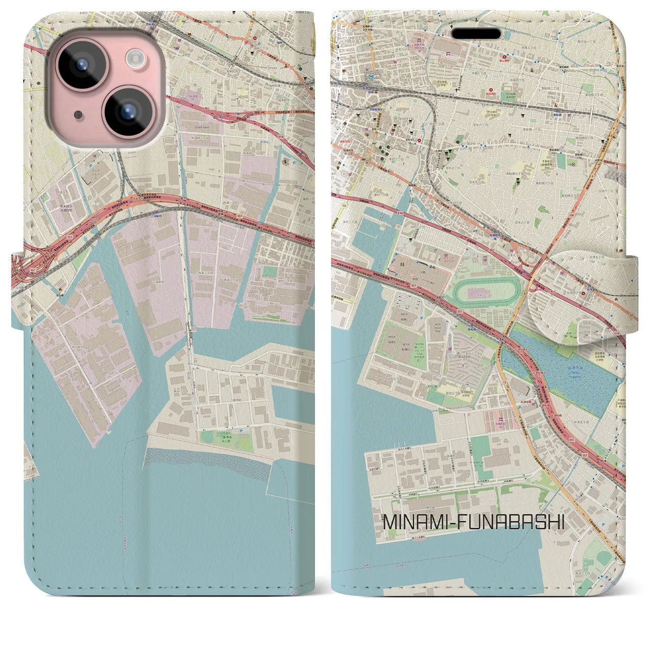 【南船橋(千葉県)】地図柄iPhoneケース(手帳タイプ)ナチュラル・iPhone 15 Plus 用