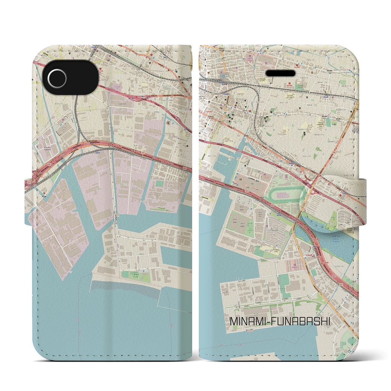 【南船橋(千葉県)】地図柄iPhoneケース(手帳タイプ)ナチュラル・iPhone SE(第3 / 第2世代) / 8 / 7 / 6s / 6 用