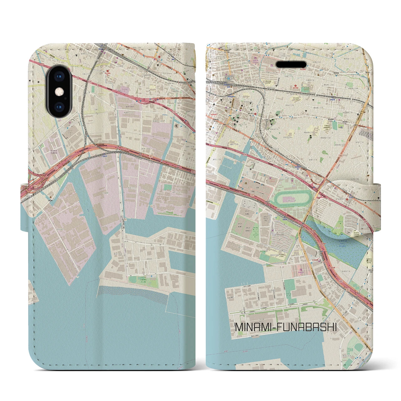 【南船橋(千葉県)】地図柄iPhoneケース(手帳タイプ)ナチュラル・iPhone XS / X 用