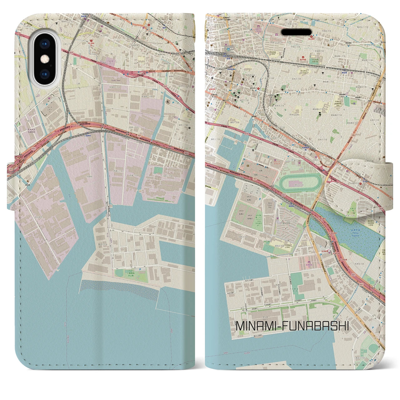 【南船橋(千葉県)】地図柄iPhoneケース(手帳タイプ)ナチュラル・iPhone XS Max 用