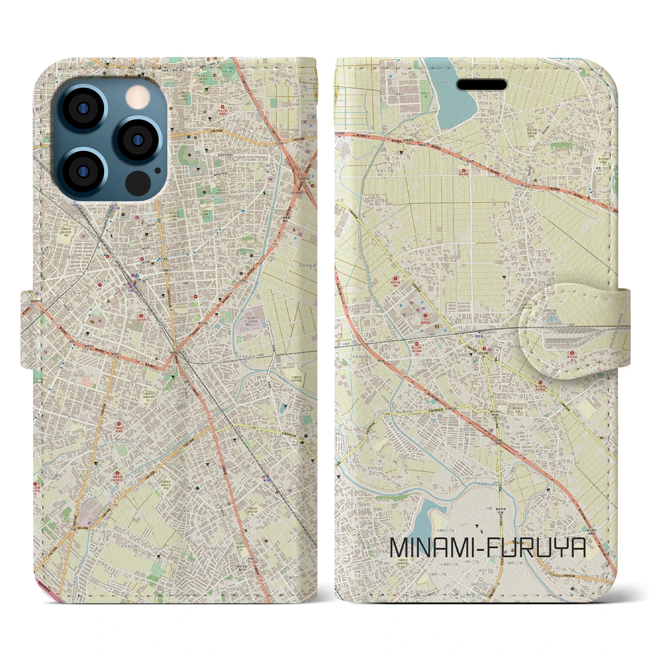 【南古谷(埼玉県)】地図柄iPhoneケース(手帳タイプ)ナチュラル・iPhone 12 / 12 Pro 用