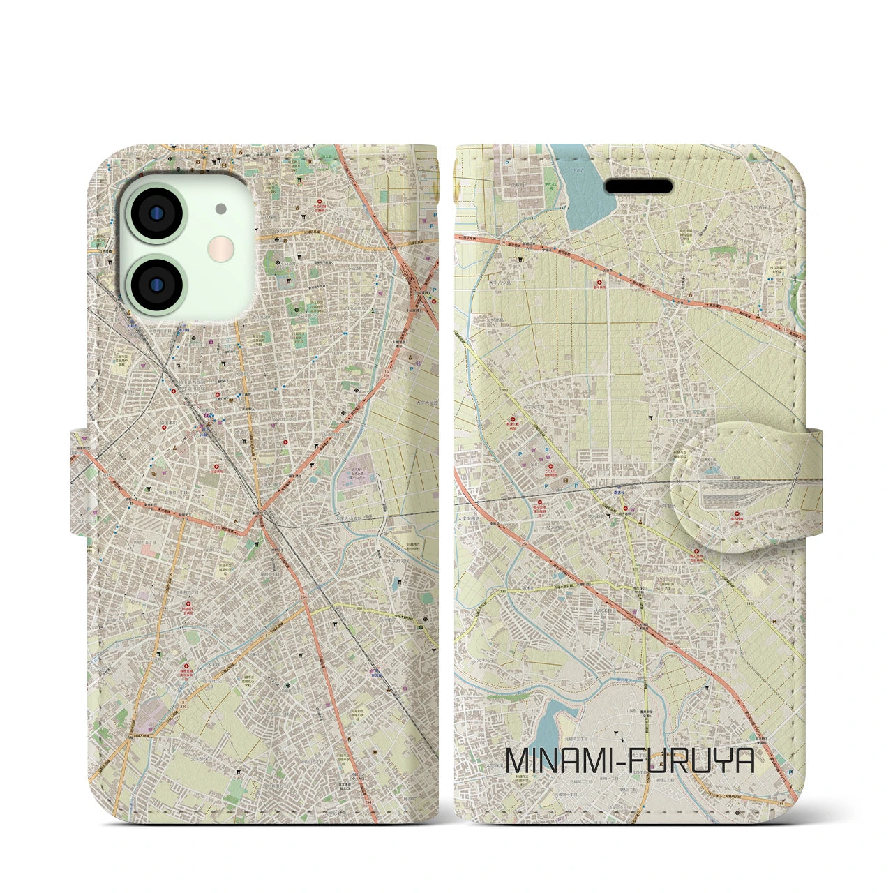 【南古谷(埼玉県)】地図柄iPhoneケース(手帳タイプ)ナチュラル・iPhone 12 mini 用