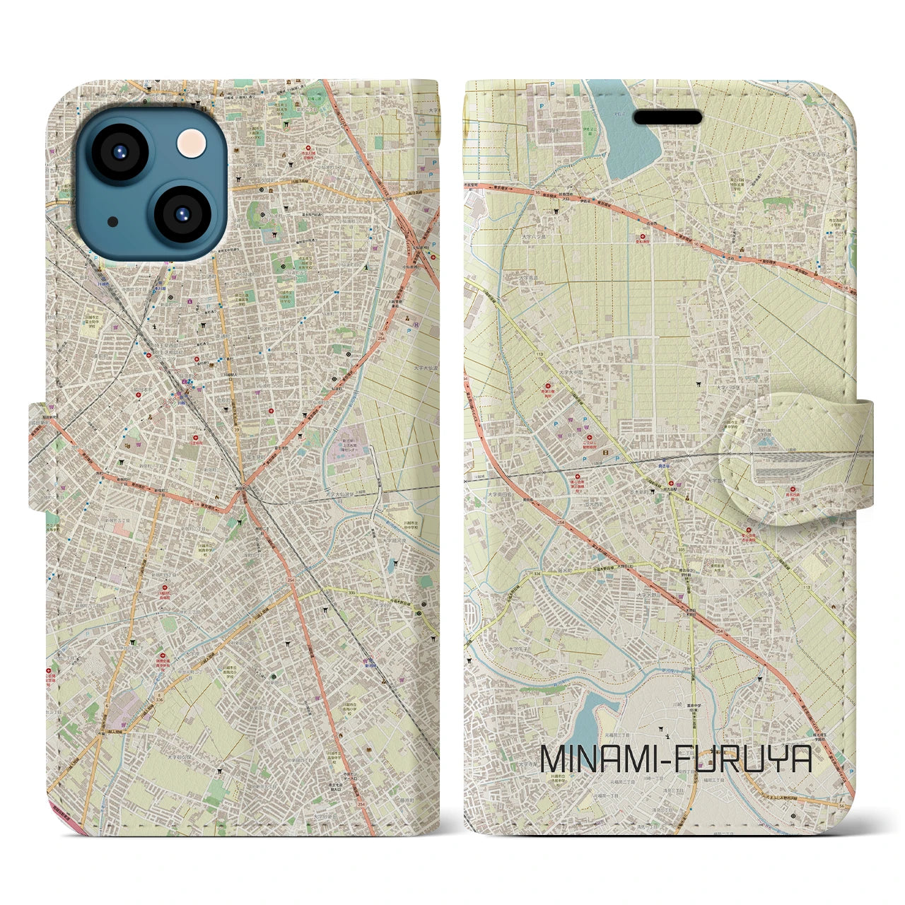 【南古谷(埼玉県)】地図柄iPhoneケース(手帳タイプ)ナチュラル・iPhone 13 用