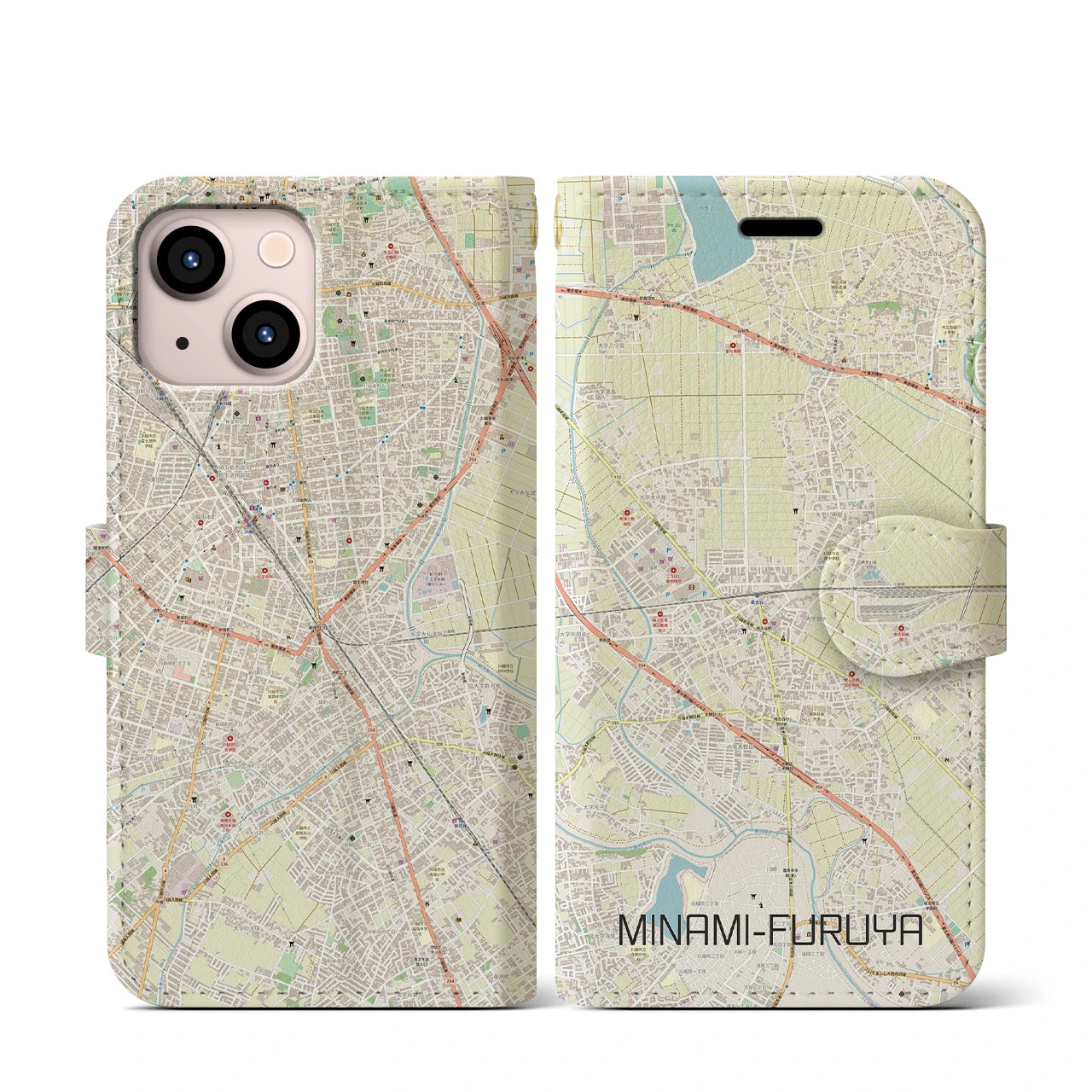 【南古谷(埼玉県)】地図柄iPhoneケース(手帳タイプ)ナチュラル・iPhone 13 mini 用