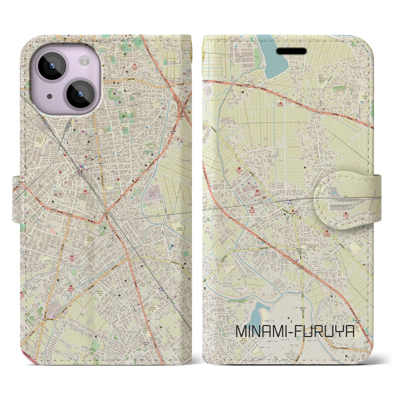 【南古谷(埼玉県)】地図柄iPhoneケース(手帳タイプ)ナチュラル・iPhone 14 用