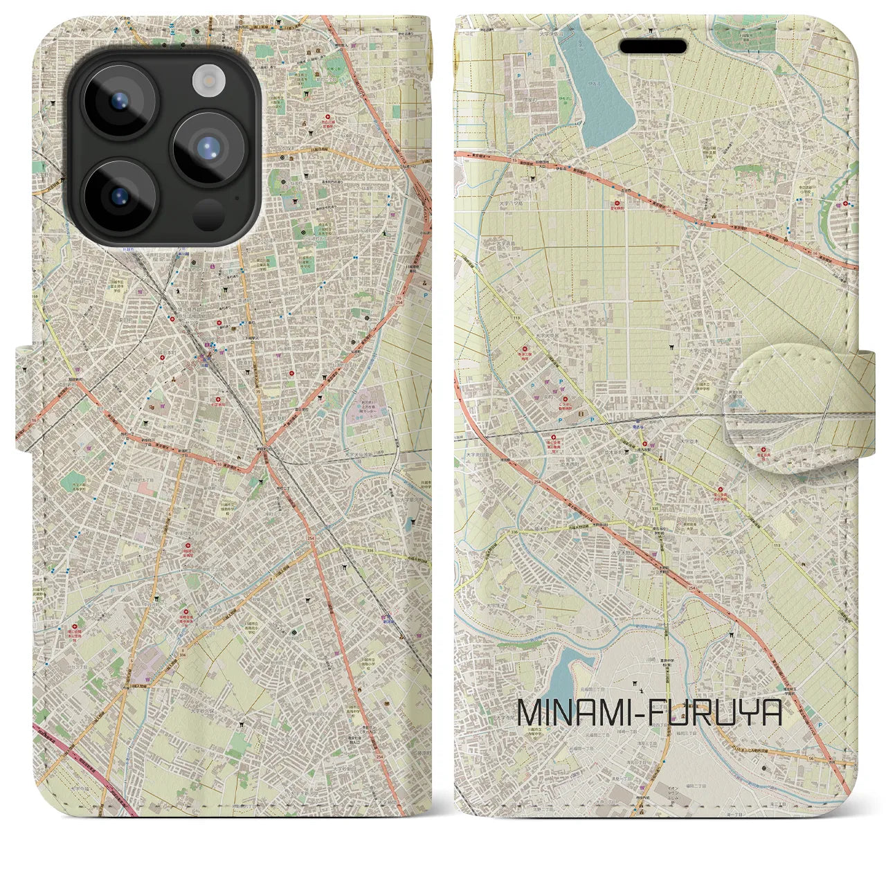【南古谷(埼玉県)】地図柄iPhoneケース(手帳タイプ)ナチュラル・iPhone 15 Pro Max 用