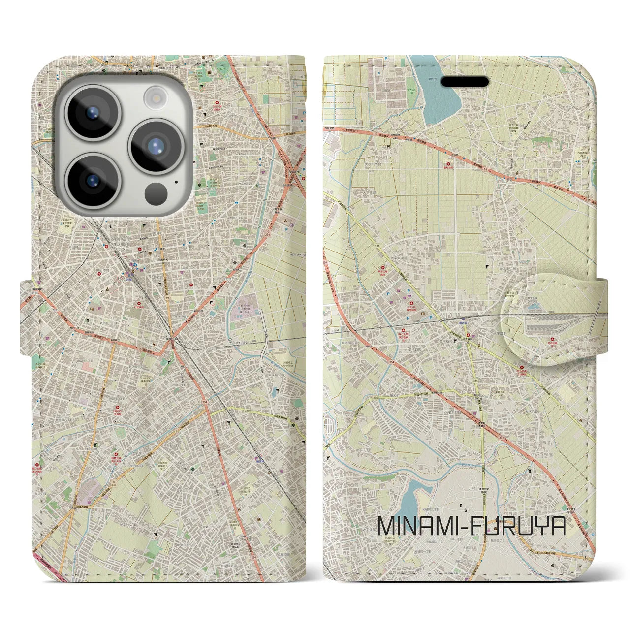 【南古谷(埼玉県)】地図柄iPhoneケース(手帳タイプ)ナチュラル・iPhone 15 Pro 用
