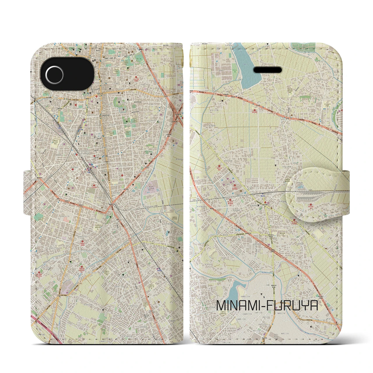 【南古谷(埼玉県)】地図柄iPhoneケース(手帳タイプ)ナチュラル・iPhone SE(第3 / 第2世代) / 8 / 7 / 6s / 6 用