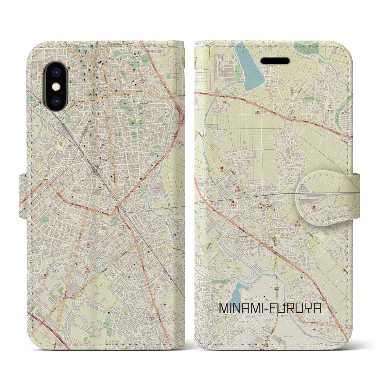 【南古谷(埼玉県)】地図柄iPhoneケース(手帳タイプ)ナチュラル・iPhone XS / X 用