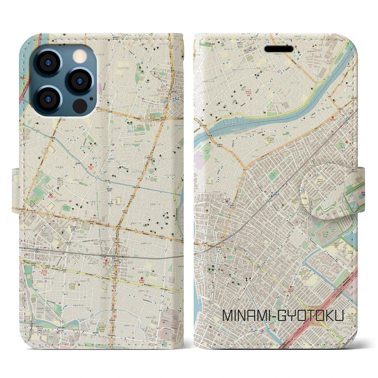 【南行徳(千葉県)】地図柄iPhoneケース(手帳タイプ)ナチュラル・iPhone 12 / 12 Pro 用