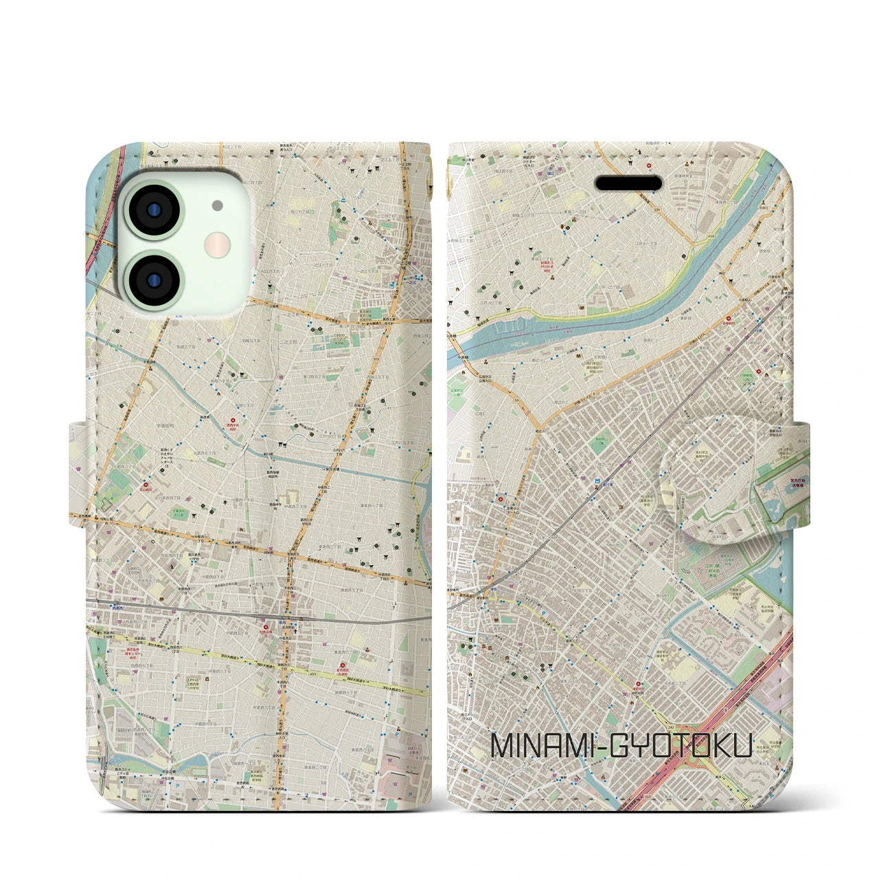 【南行徳(千葉県)】地図柄iPhoneケース(手帳タイプ)ナチュラル・iPhone 12 mini 用