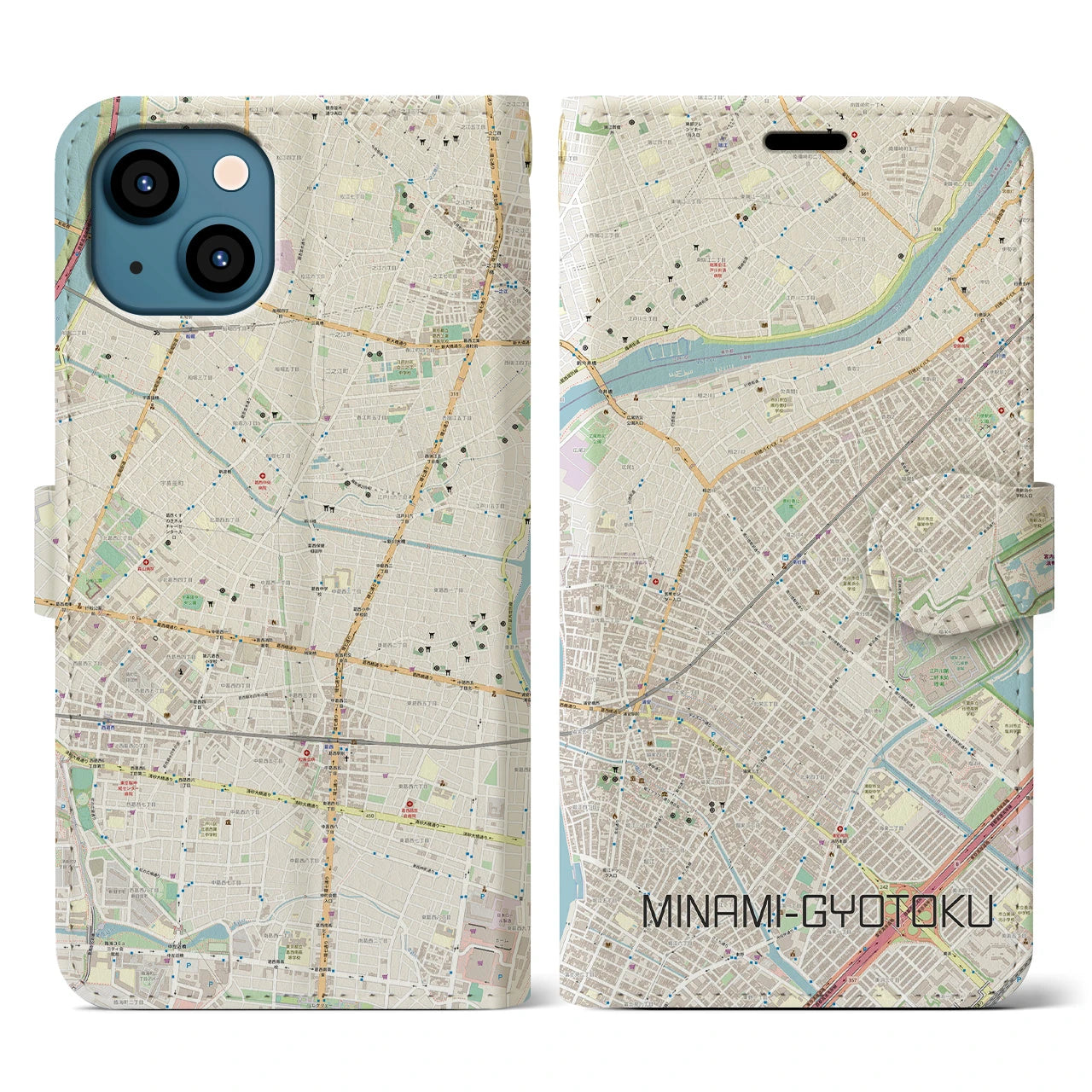【南行徳(千葉県)】地図柄iPhoneケース(手帳タイプ)ナチュラル・iPhone 13 用