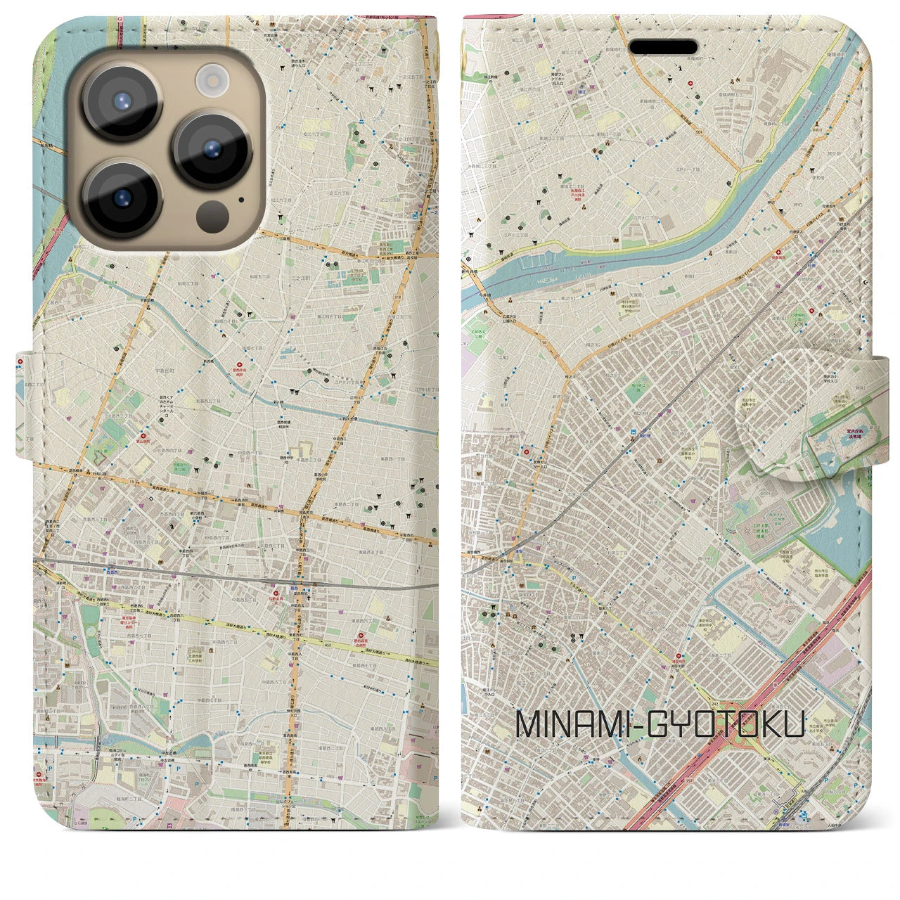 【南行徳(千葉県)】地図柄iPhoneケース(手帳タイプ)ナチュラル・iPhone 14 Pro Max 用