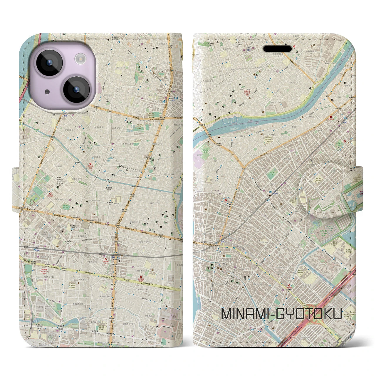 【南行徳(千葉県)】地図柄iPhoneケース(手帳タイプ)ナチュラル・iPhone 14 用