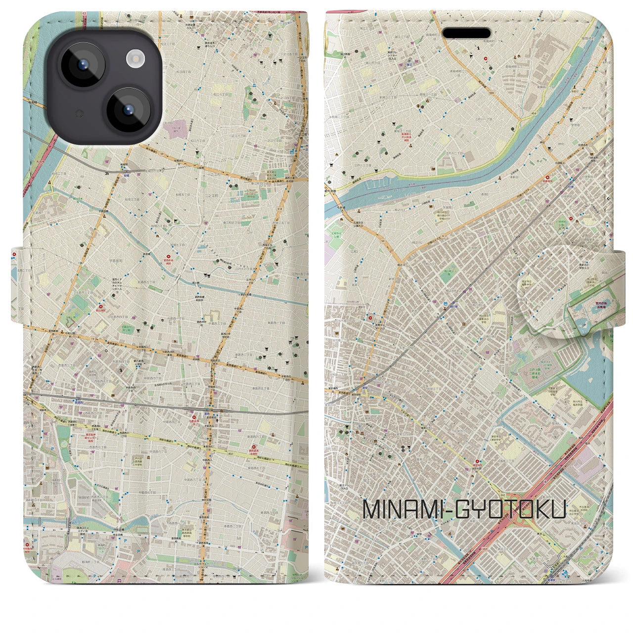 【南行徳(千葉県)】地図柄iPhoneケース(手帳タイプ)ナチュラル・iPhone 14 Plus 用