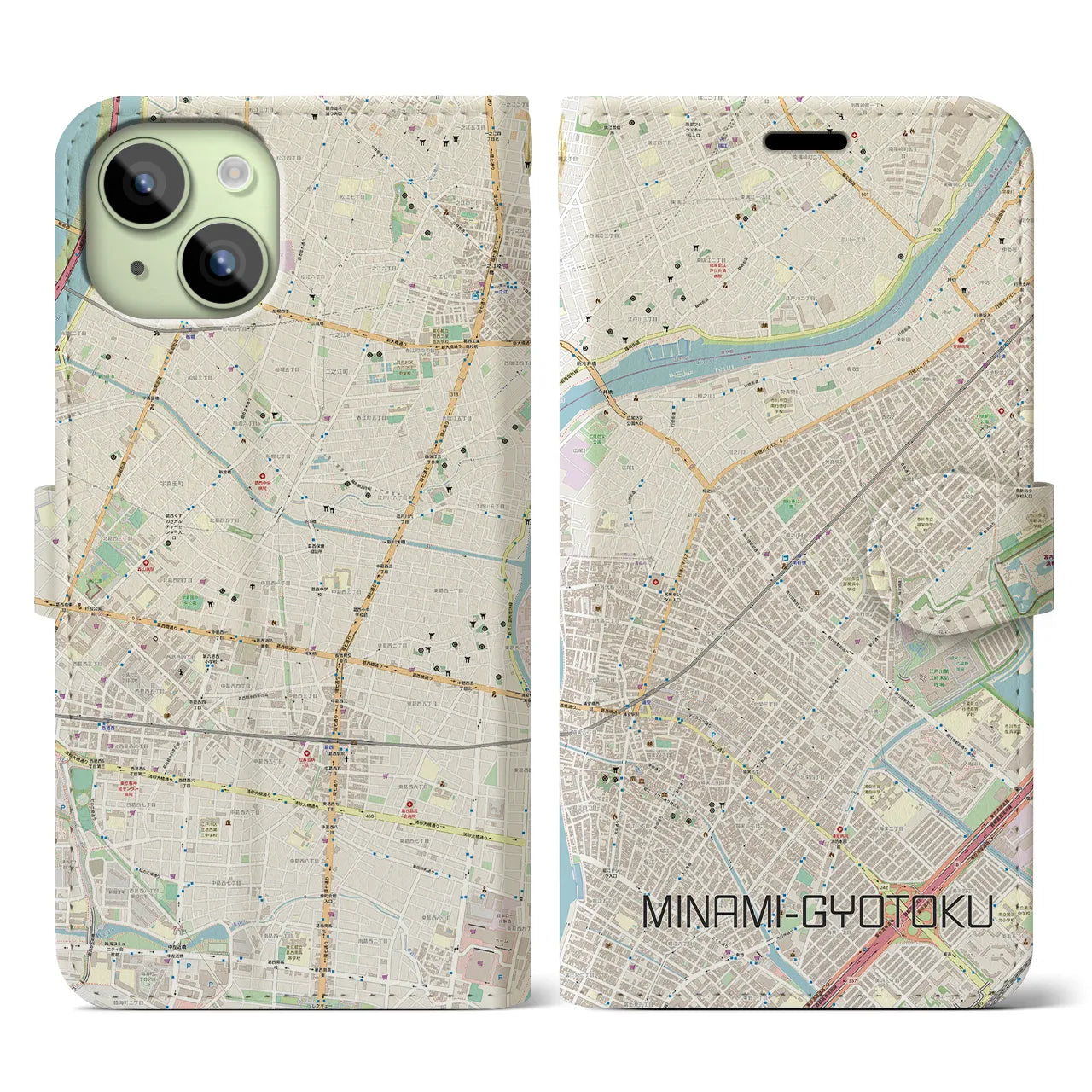 【南行徳(千葉県)】地図柄iPhoneケース(手帳タイプ)ナチュラル・iPhone 15 用