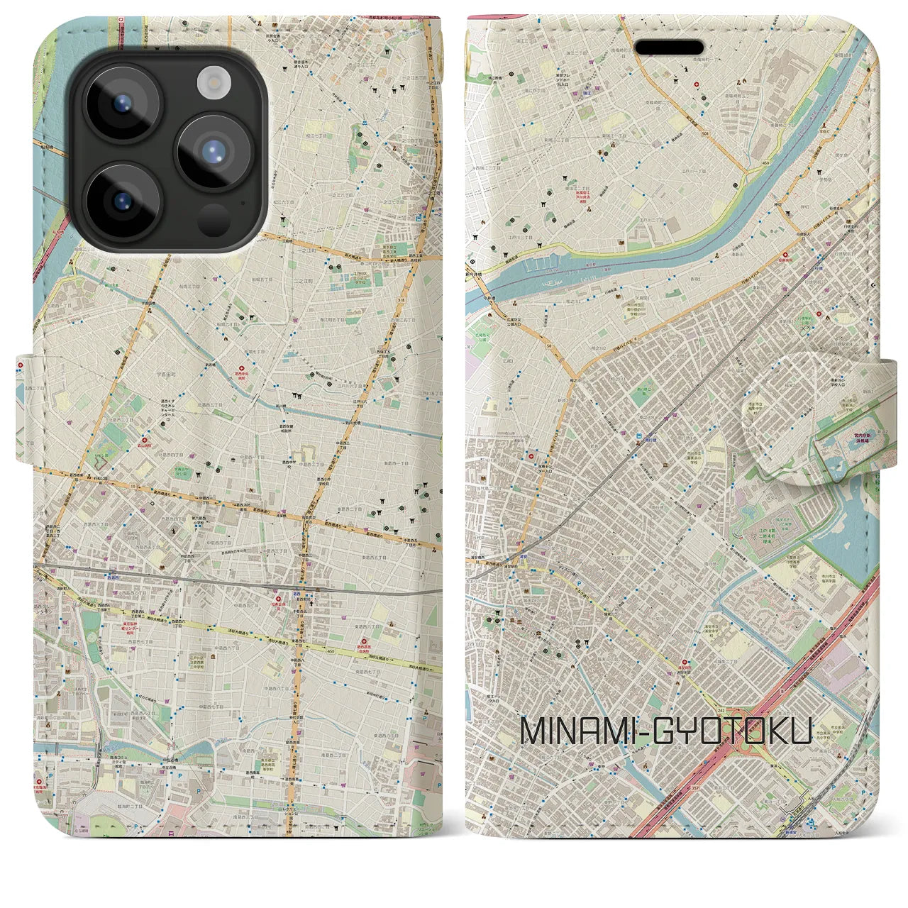 【南行徳(千葉県)】地図柄iPhoneケース(手帳タイプ)ナチュラル・iPhone 15 Pro Max 用
