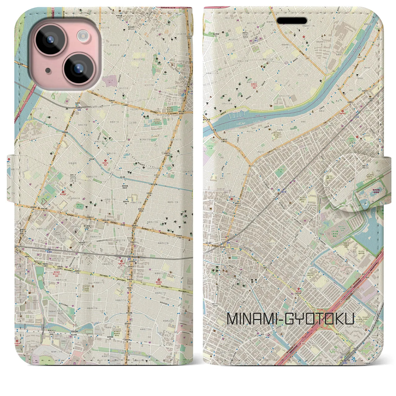 【南行徳(千葉県)】地図柄iPhoneケース(手帳タイプ)ナチュラル・iPhone 15 Plus 用