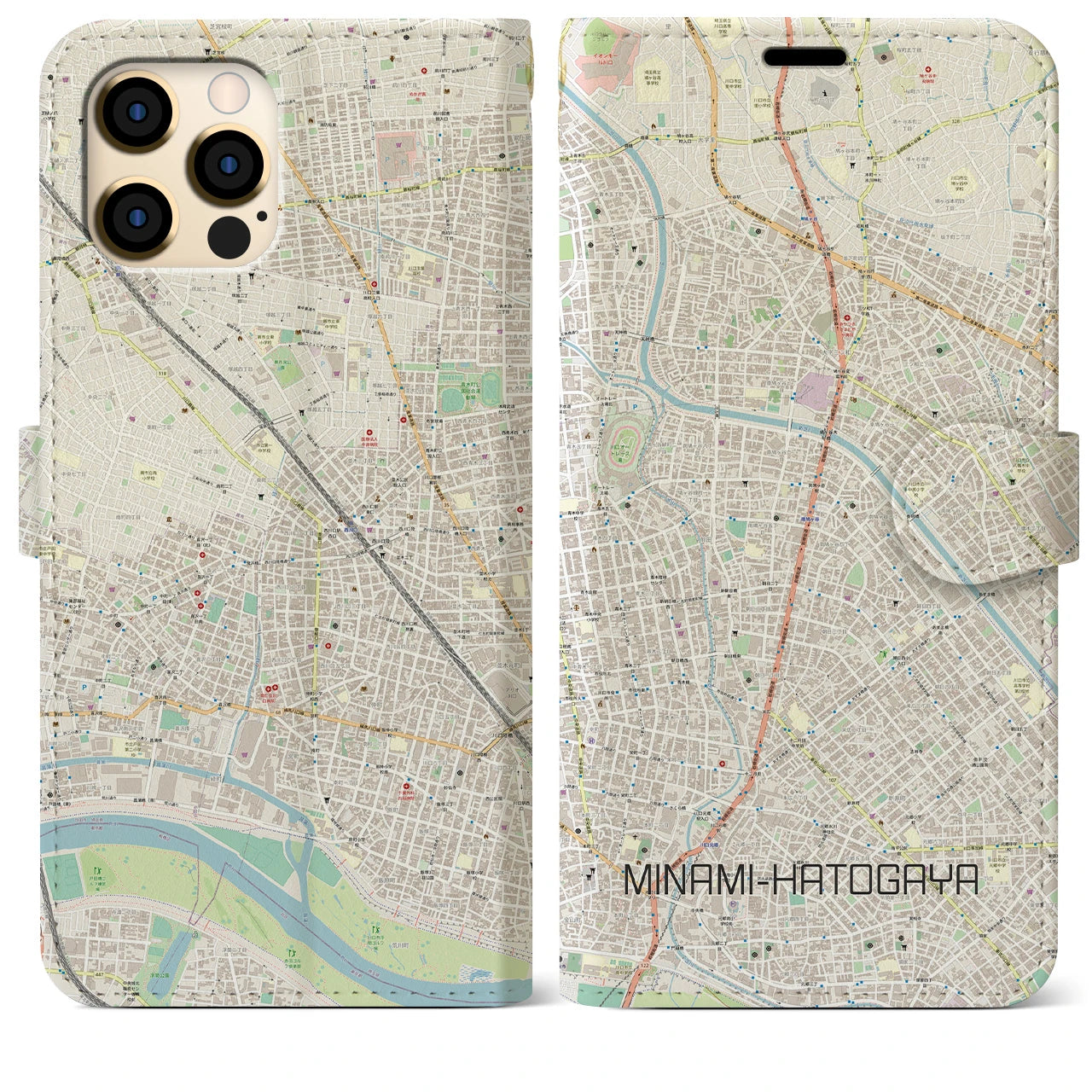 【南鳩ヶ谷(埼玉県)】地図柄iPhoneケース(手帳タイプ)ナチュラル・iPhone 12 Pro Max 用
