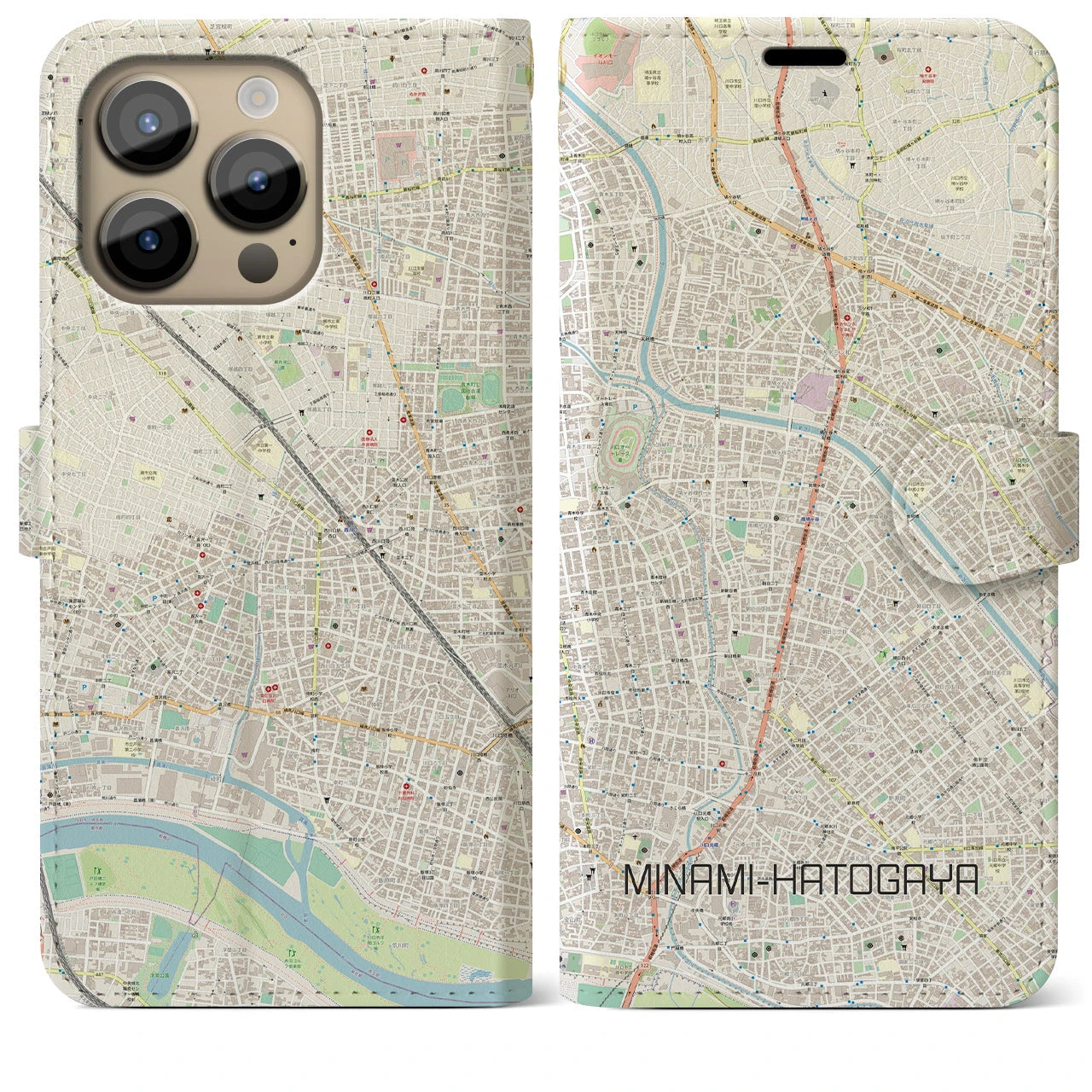 【南鳩ヶ谷(埼玉県)】地図柄iPhoneケース(手帳タイプ)ナチュラル・iPhone 14 Pro Max 用