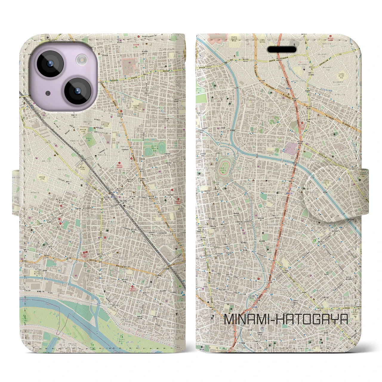 【南鳩ヶ谷(埼玉県)】地図柄iPhoneケース(手帳タイプ)ナチュラル・iPhone 14 用