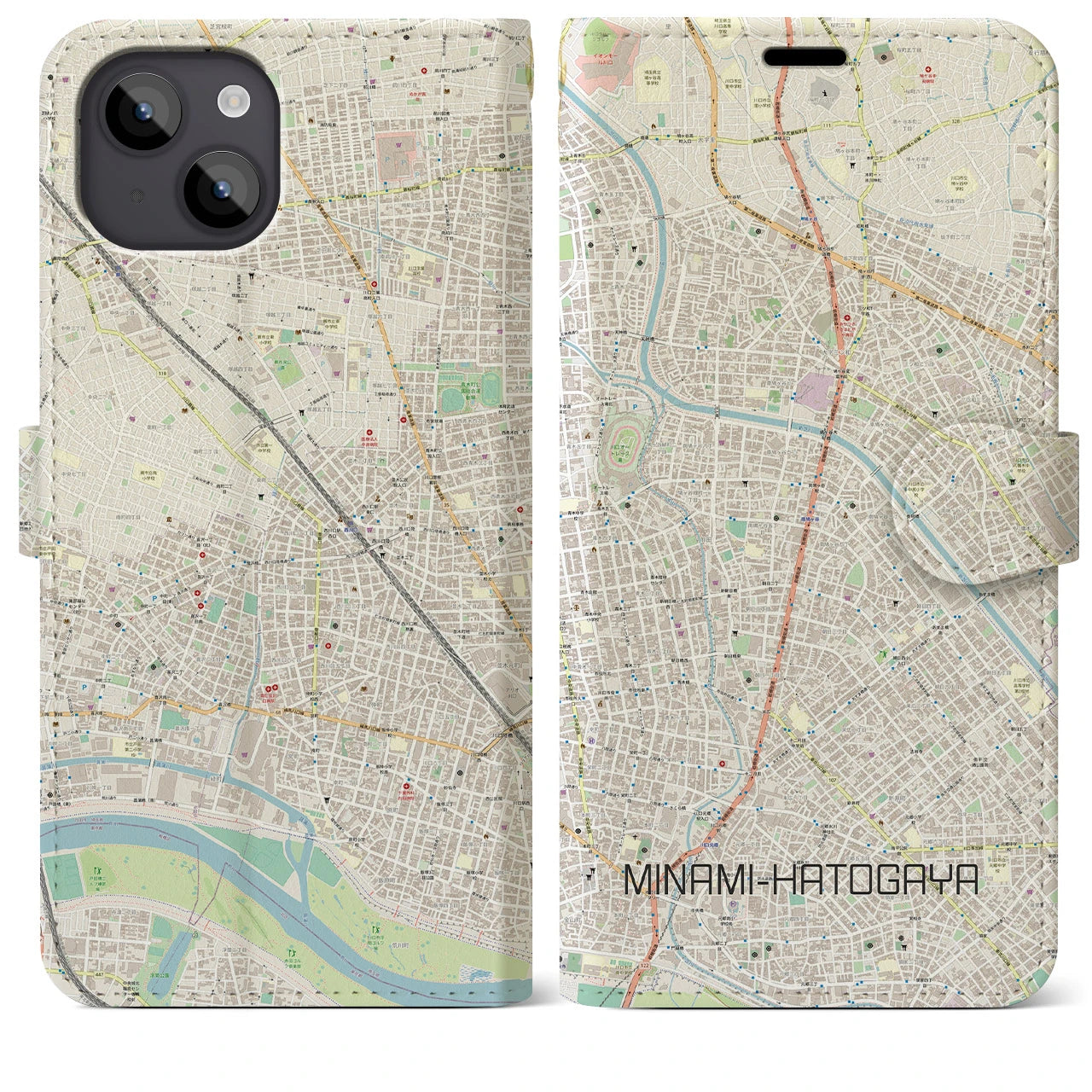 【南鳩ヶ谷(埼玉県)】地図柄iPhoneケース(手帳タイプ)ナチュラル・iPhone 14 Plus 用