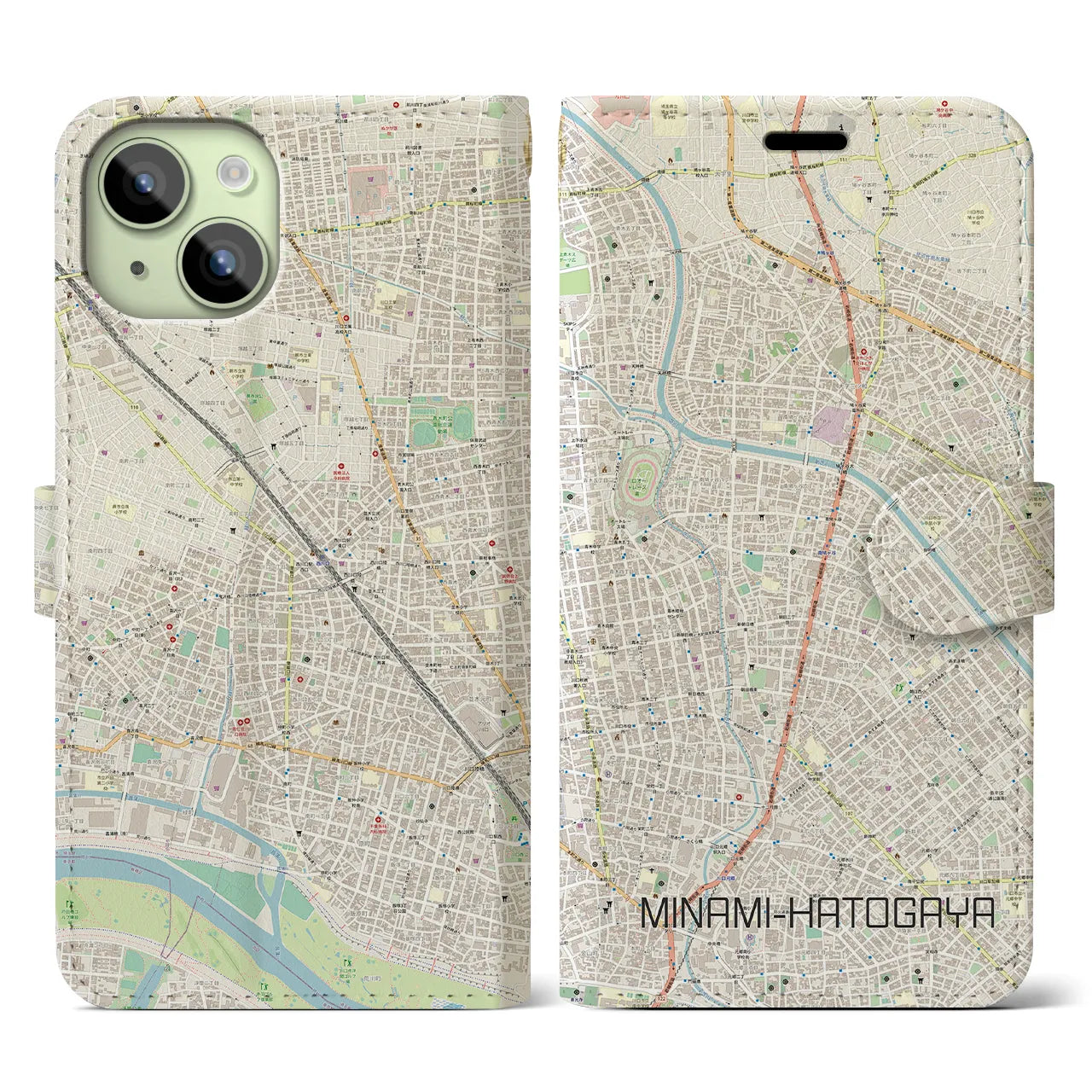 【南鳩ヶ谷(埼玉県)】地図柄iPhoneケース(手帳タイプ)ナチュラル・iPhone 15 用