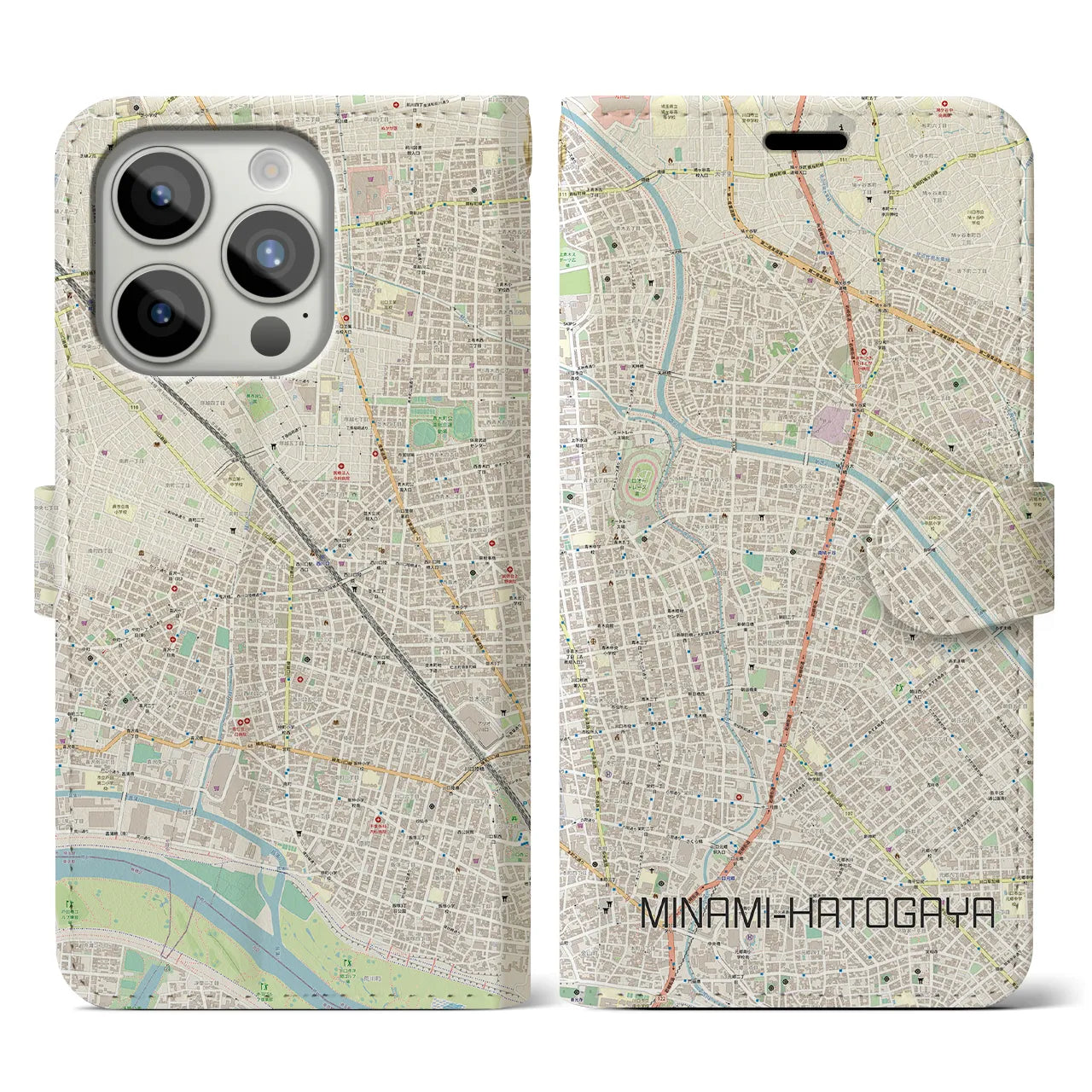 【南鳩ヶ谷(埼玉県)】地図柄iPhoneケース(手帳タイプ)ナチュラル・iPhone 15 Pro 用