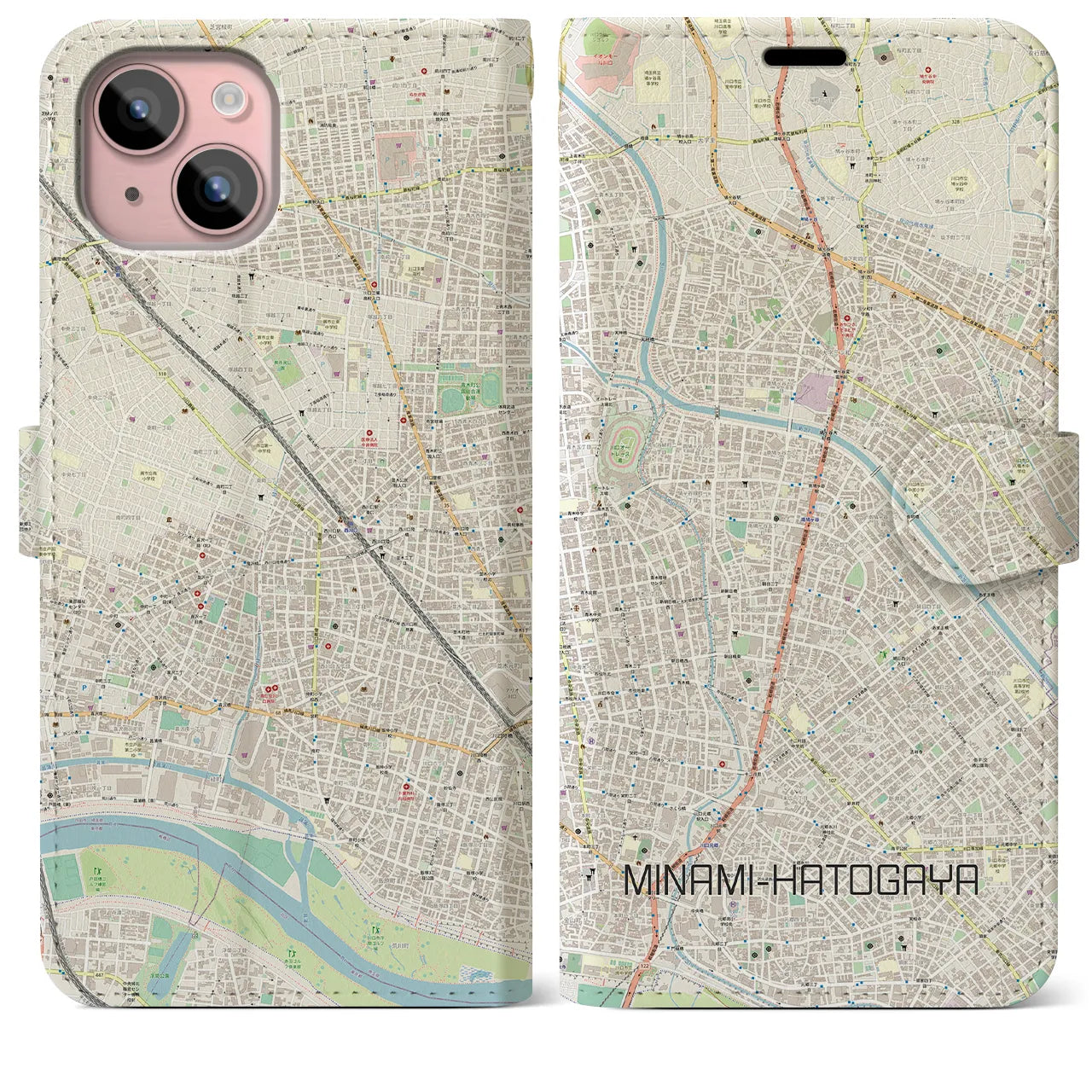 【南鳩ヶ谷(埼玉県)】地図柄iPhoneケース(手帳タイプ)ナチュラル・iPhone 15 Plus 用